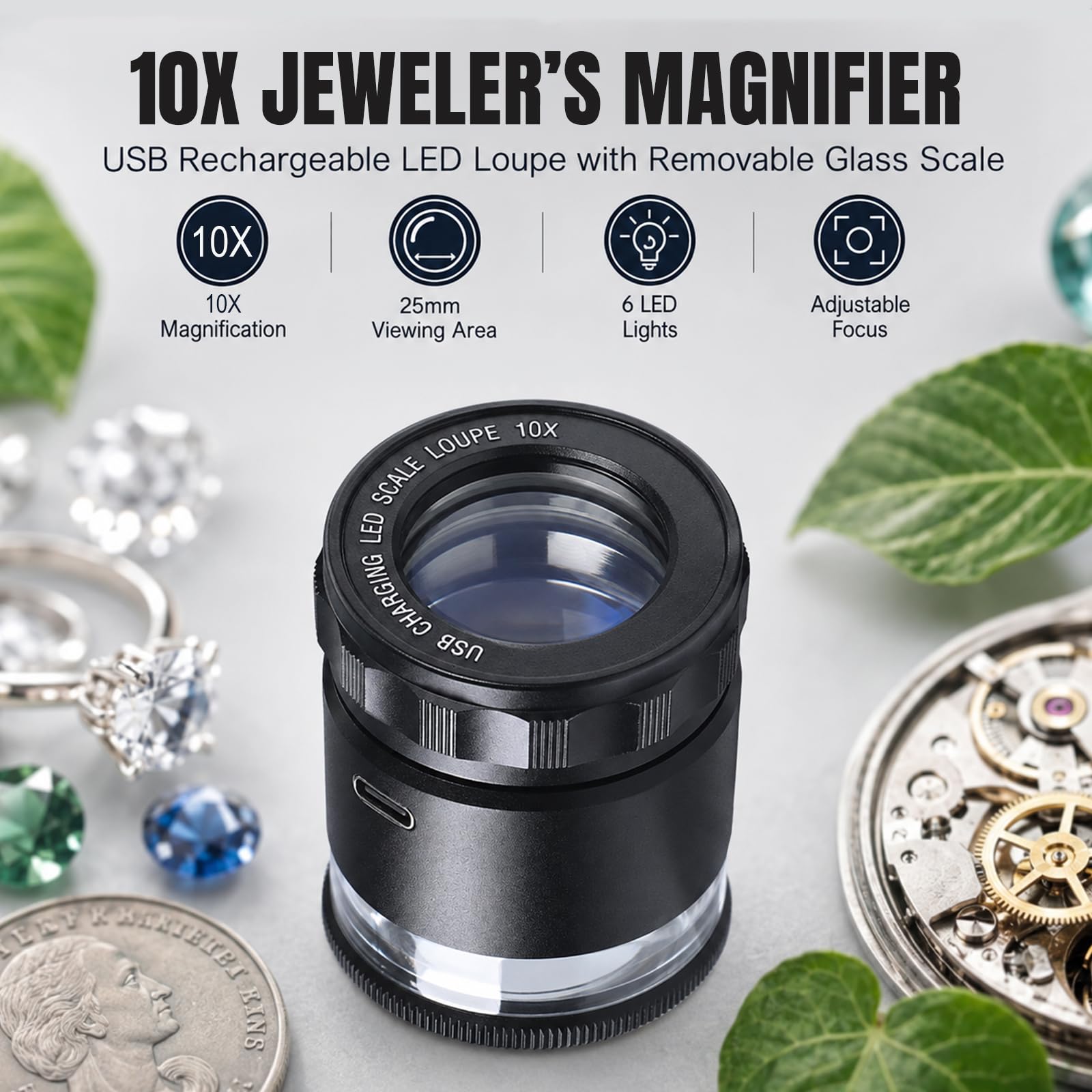 Lupa Recargable para joyeros con Luces LED y 3 Escalas de retícula, Campo de visión de 25 mm, Lupa de Ojo de Enfoque Ajustable para Gemas, Monedas, Relojes, Sellos, Plantas