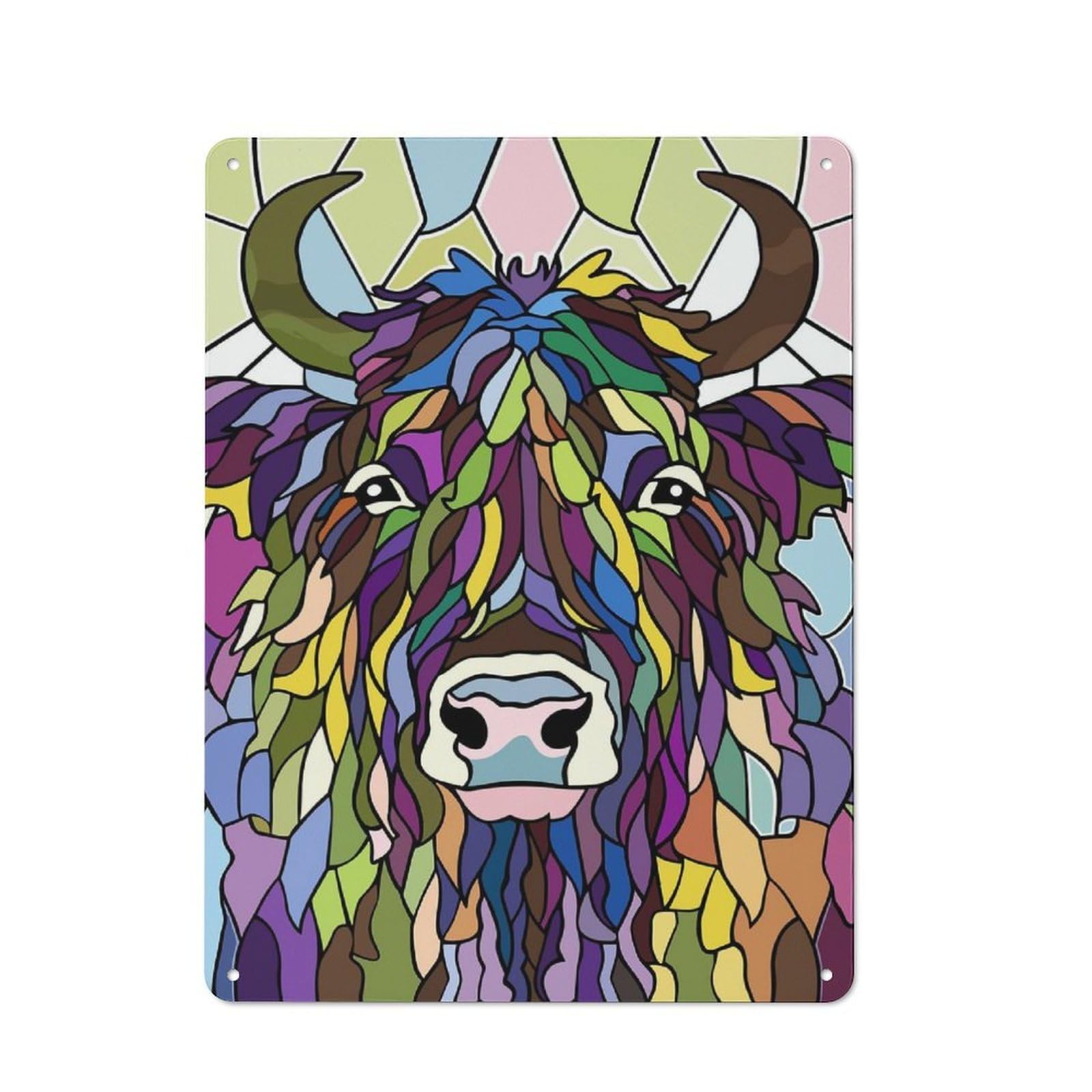 Junmoney Style-15 Colorful Highland Cow Stained Glass Rustic Metal Wall Sign 40X30cm For Bar Or Restaurant, A Decorative Metal Sign For Bars And Restaurants