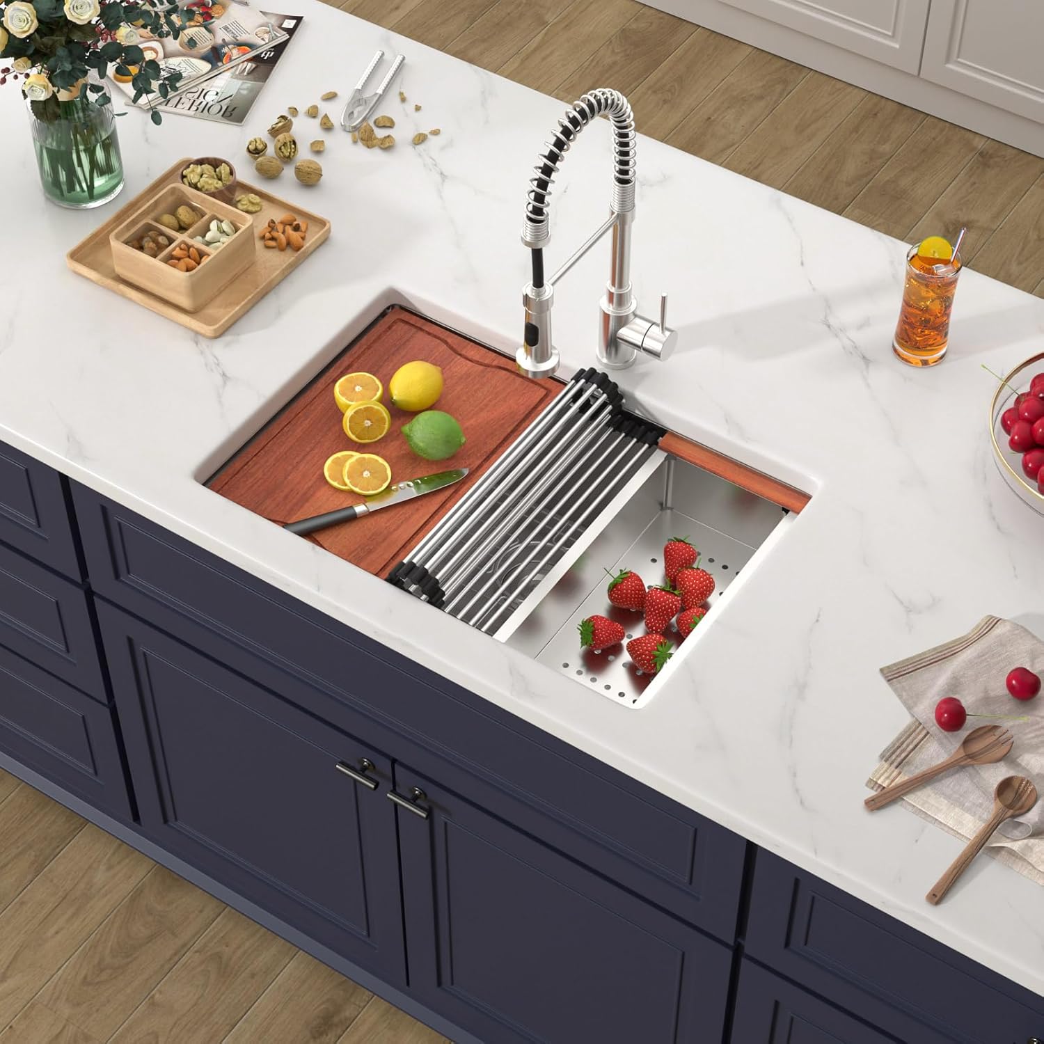 28 Inch Undermount Kitchen Sink Workstation 16 Gauge Stainless Steel Under Counter Large Single Bowl Kitchen Sink Noise Reduction Quick Drainage Accessories Included Home Renovation