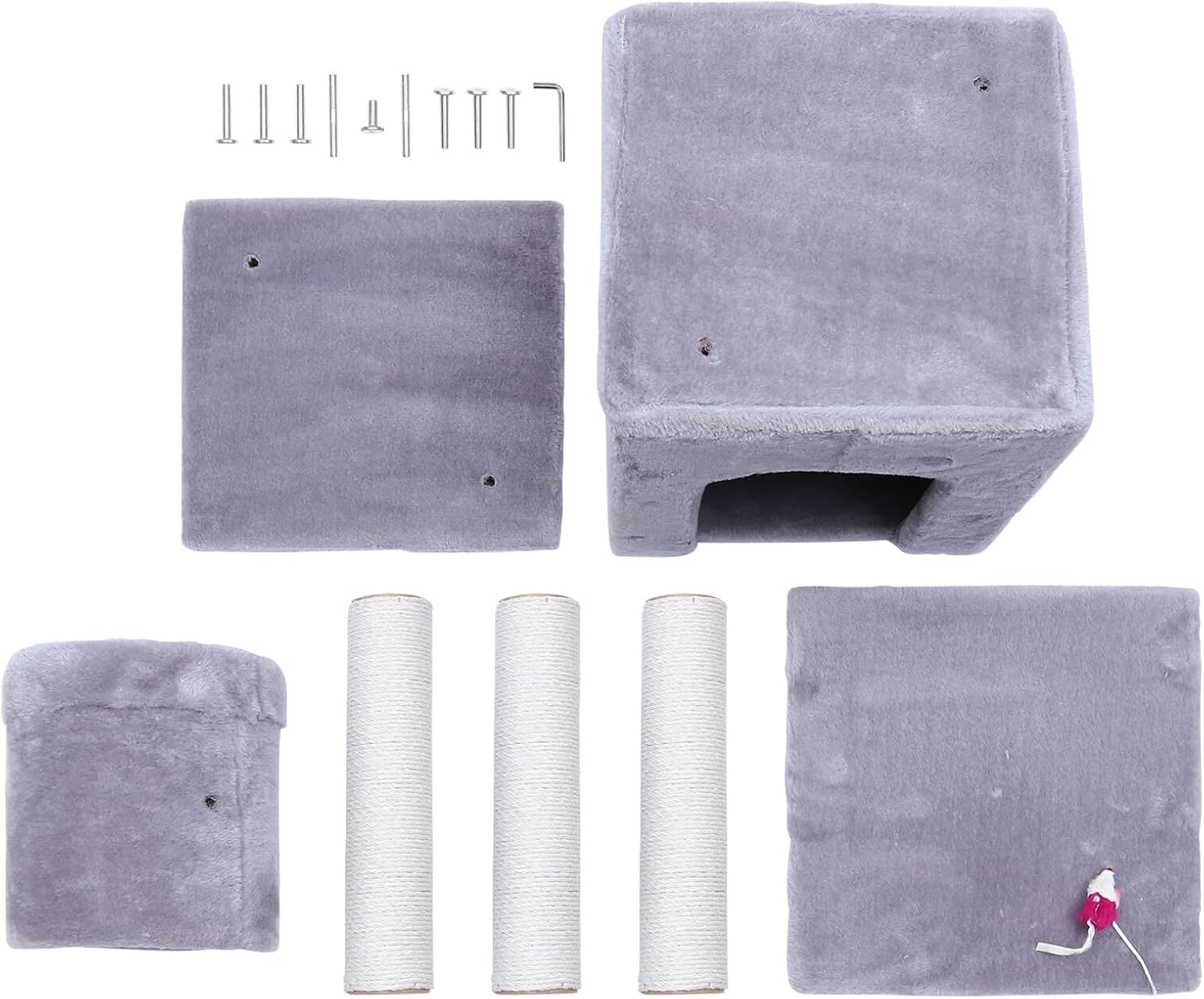 POPETPOP Three-Level Gray Cat Climbing Frame with Scratching Posts Scratch-Resistant Cat Tree for Indoor Kitten Activity Tower Pet Playhouse