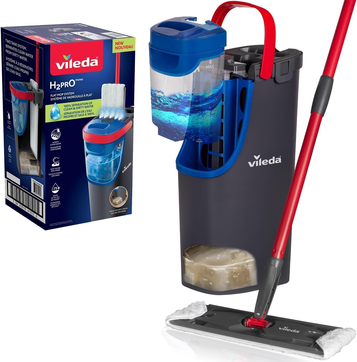 Vileda H2PrO Flat Mop Sistema lavapavimenti a piastra piatta | Separazione acqua pulita e sporca | Progettato per risparmiare acqua | Utilizzo a una mano | Design compatto | Pulizia con microfibra