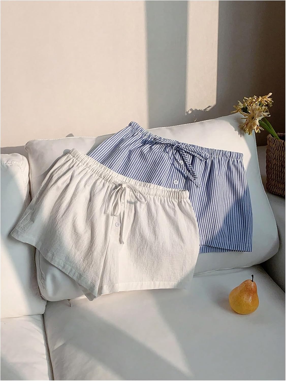 Women's 2 Packs Striped Linen Mini Shorts Drawstring Waist Button Front Lounge Shorts - Image 4