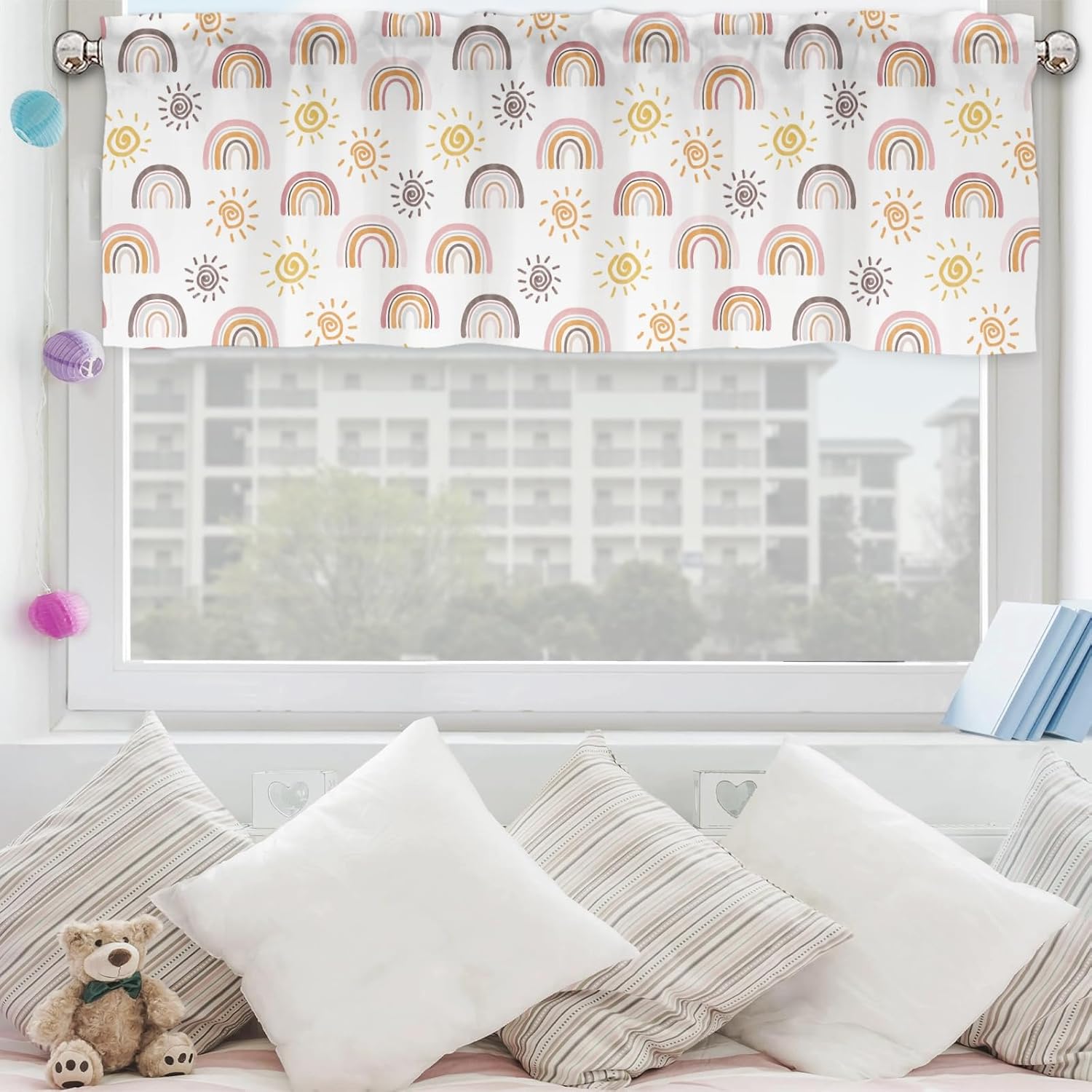 Boho Sunshine Rainbow Curtain Valances 54''x18'' Colorful Rainbow Sun Short Curtains Rod Pocket Window Treatment Drapes for Toddler Nursery Bedroom Bathroom Living Room Kitchen Farmhouse Decor 2 Pack
