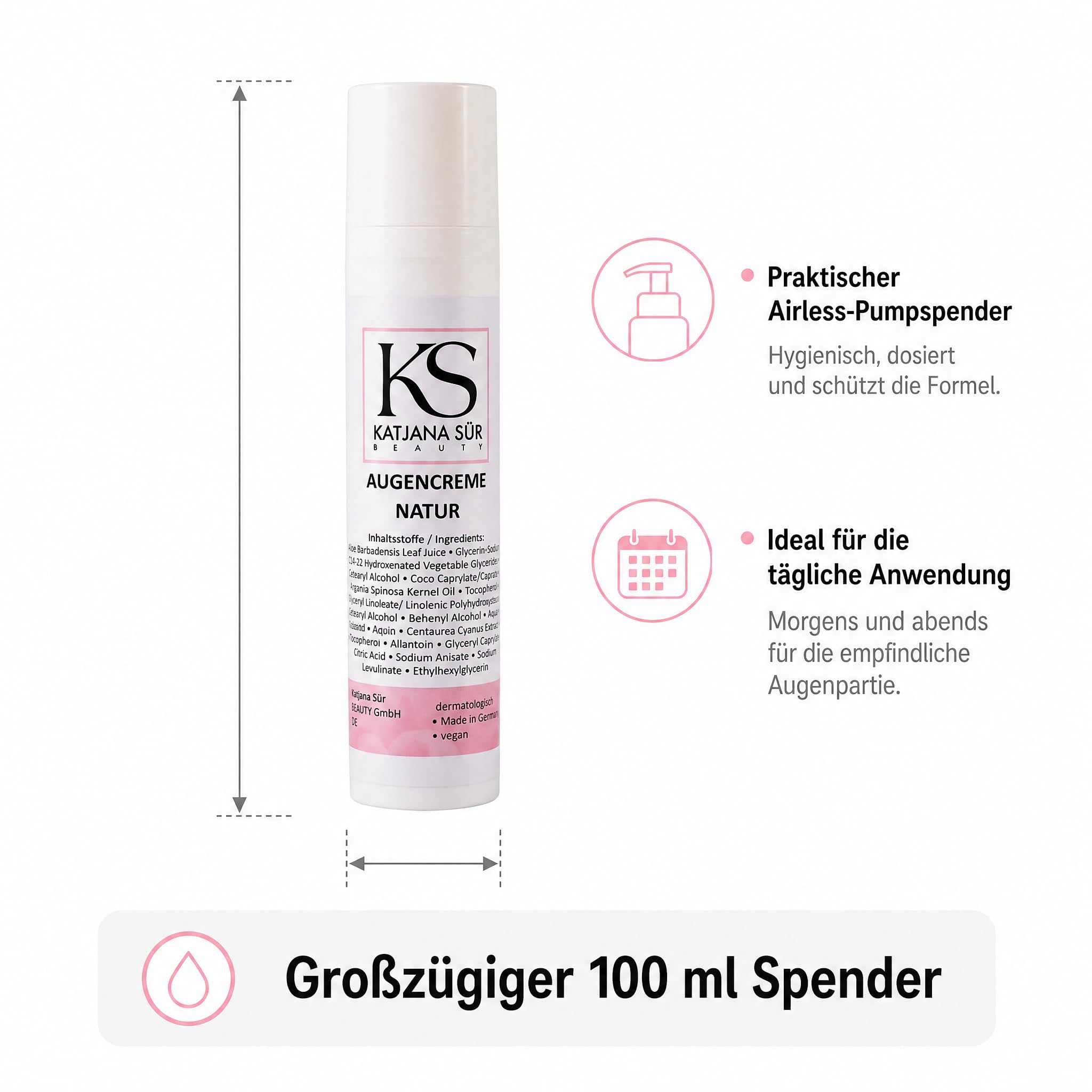 KS Beauty Augencreme Natur – Augenpflege mit Aloe Vera, Arganöl, Kornblumenextrakt, Glycerin & Vitamin E (100 ml)