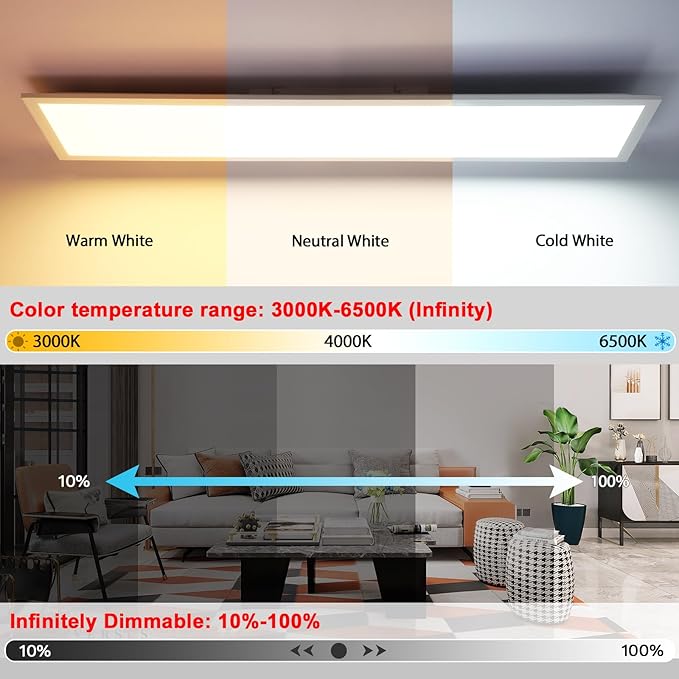 IEGLED Led-plafondlamp, paneel, 100 x 25 cm, plat, dimbaar, met afstandsbediening, 30 W plafondpaneel, lamp met geheugenfunctie, 2700 K-6500 K, led-lichtpaneel voor woonkamer, hal, slaapkamer, wit photo 3