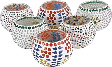 SPHINX Glass Votive Candle Holder, Tea Light Candle Holders for home decorations, for Weddings, Dinner Parties, Candle Light Dinners, Gift - (Mosaic Multi Patterned - 6 Pieces)