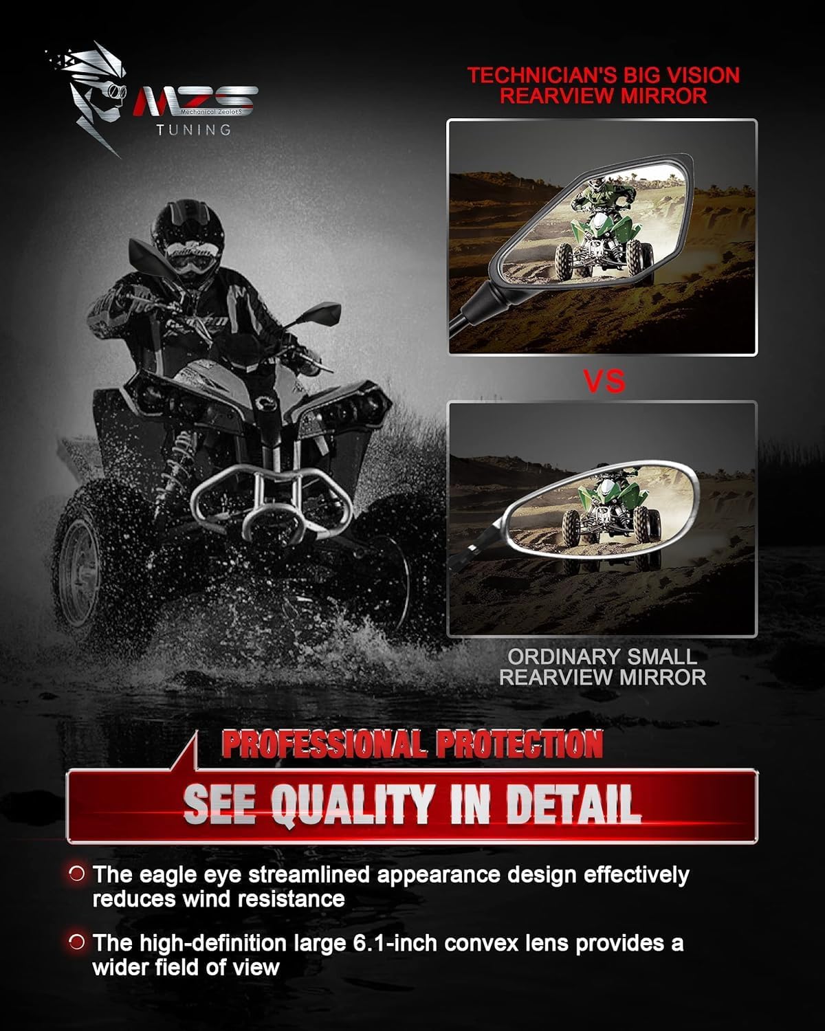 MZS Motorcycle Mirrors 10mm 8mm, Universal ATV Rearview Mirror with CNC Handlebar Mount Rear View Side Mirror Black Compatible Motorbike Dirt Street Bike Adventure Quad Snowmobile Scooter Moped