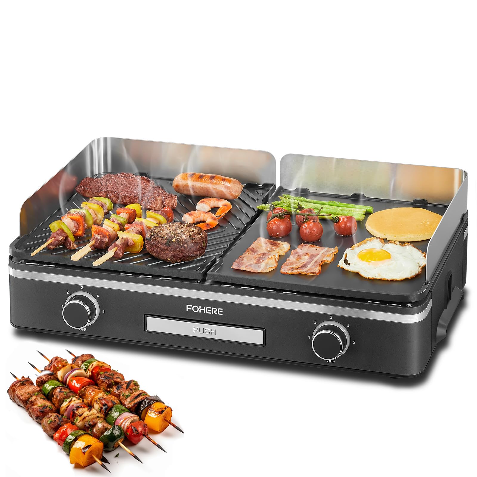 FOHERE Barbecue Électrique de Table 2400W - Plancha de Jardin et Balcon avec 2 Zones de Cuisson Indépendantes - Grande Surface Antiadhésive (Lisse & Nervurée) - Idéal Camping et Extérieur