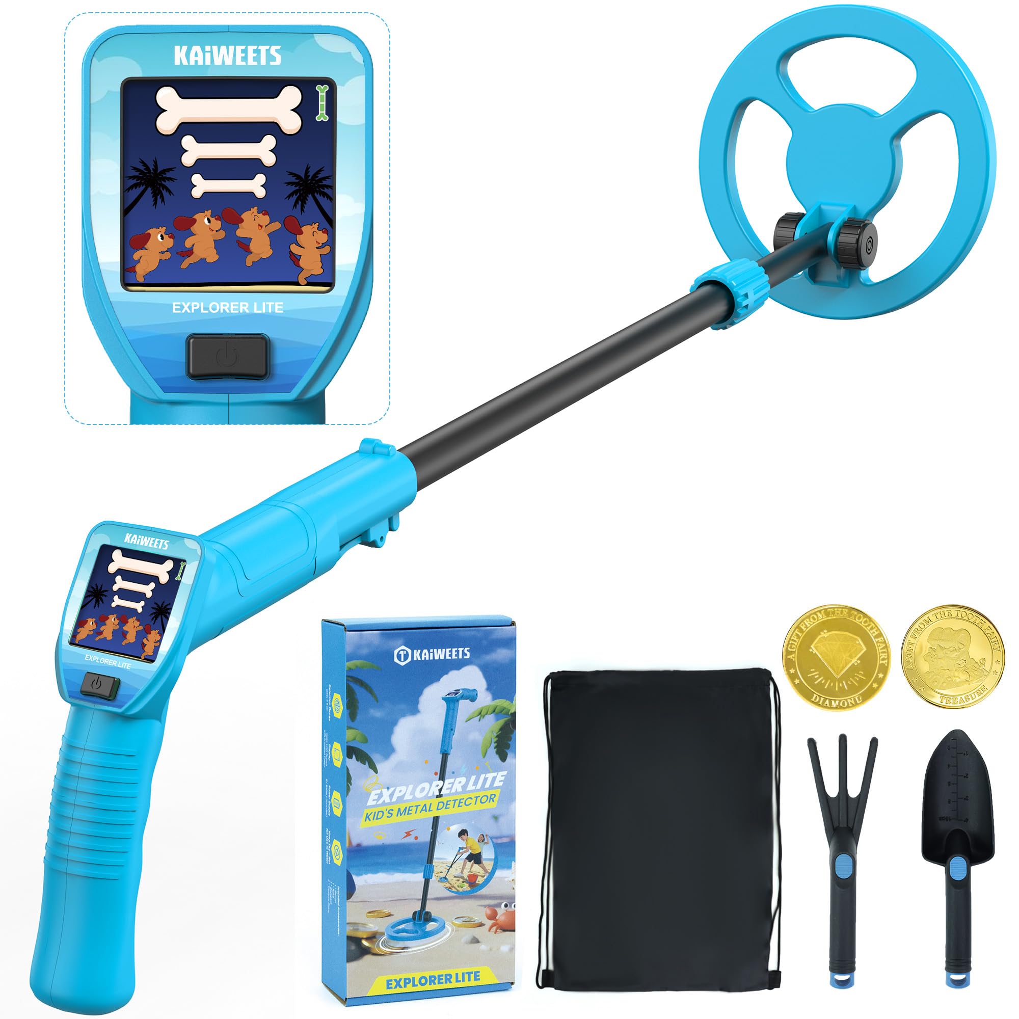 KAIWEETS Metalldetektor für Kinder, Animiertem Farb-LCD & Verstellbarem Schaft, Leichter Golddetektor Set mit Rucksack, Schaufel, Harke & Bonusmünzen – Ideal als Geburtstags