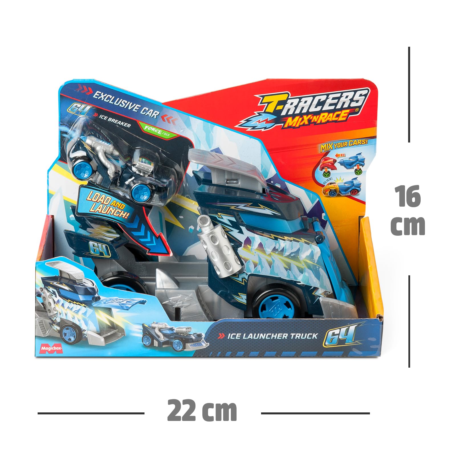 T-RACERS MIX´N RACE Ice Launcher Truck – Ciężarówka z wyrzutnią. Zawiera 1 ekskluzywny pojazd T-Racers – naciśnij przycisk na dachu, aby wystrzelić samochód. Kompatybilny z innymi pojazdami T-Racers