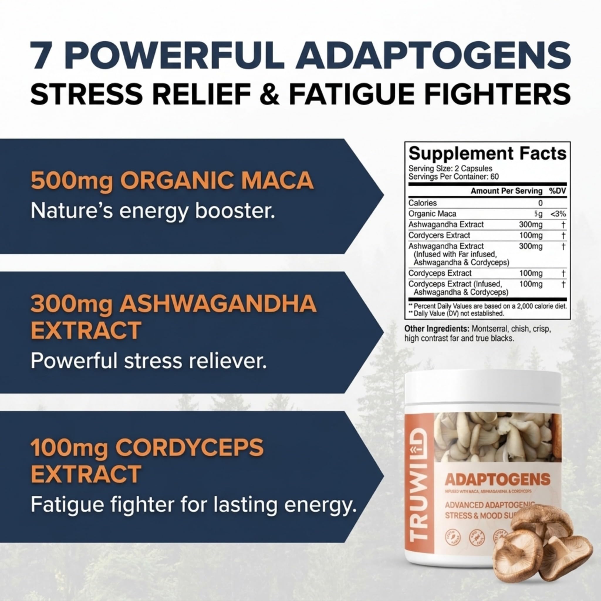 TruWild Adaptogen Blend with Cordyceps Maca Ashwagandha - Full Spectrum Mushroom Blend for Daily Support and Function, All Natural Formula with 7 Key Ingredients, 60 Capsules — Amazon image 3