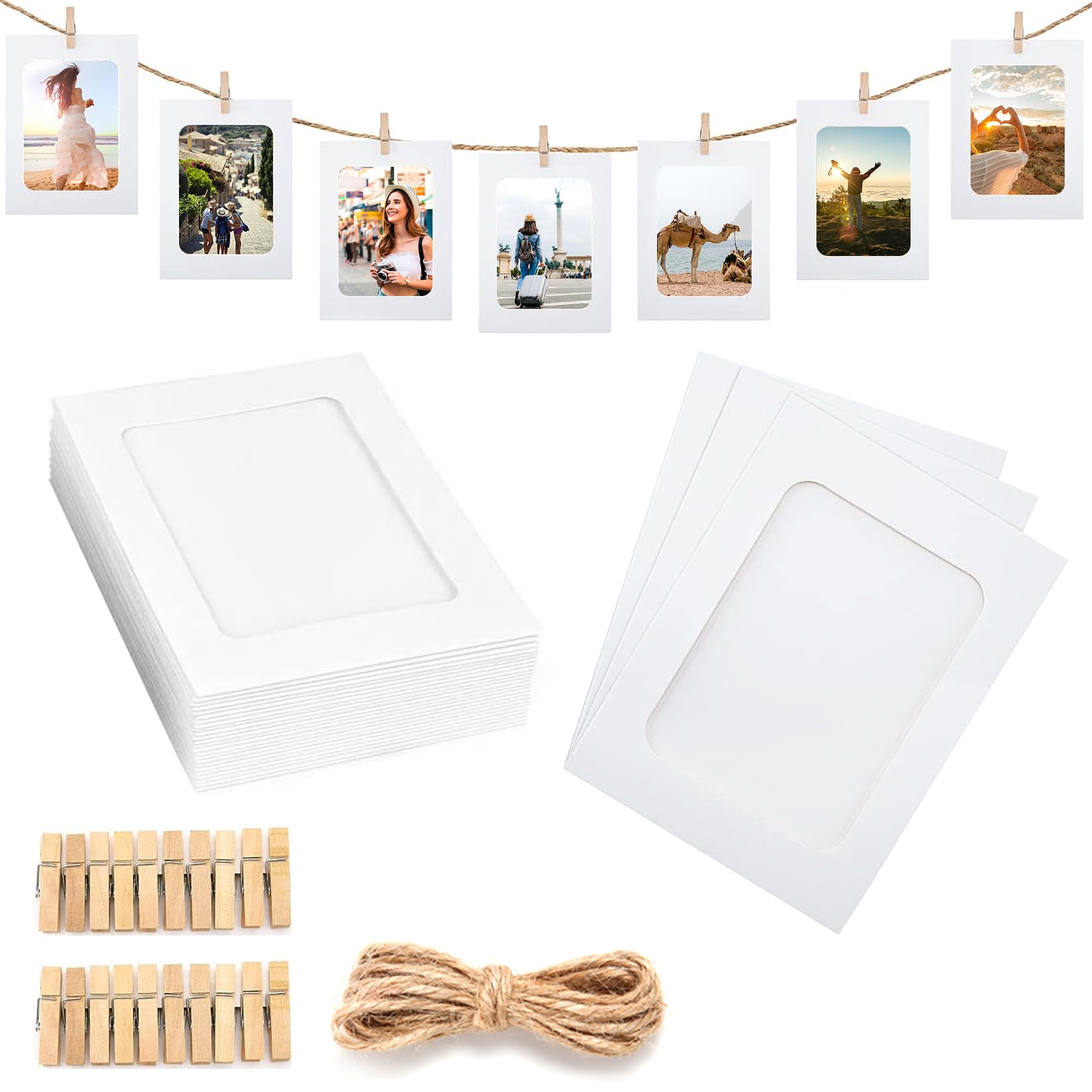 RYAN 40 stuks fotolijsten, papier, mini-fotolijst, karton, kleurrijk, met 40 houten klemmen en 4 henneptouw, 11,5 x 15,6 cm, fotoslinger, fotolijsten om te beschilderen, voor school, thuis, kantoor