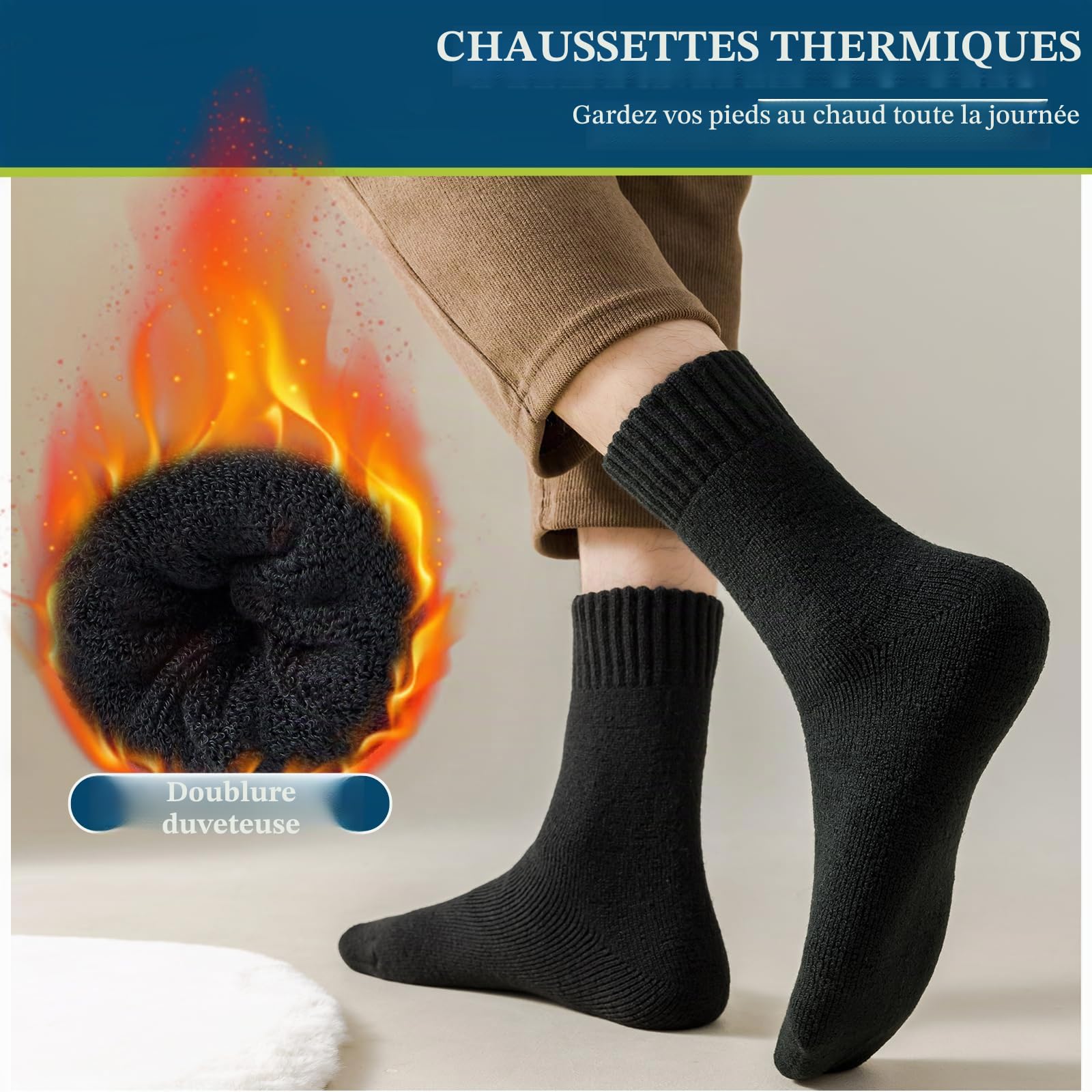Josnown Chaussettes Chaudes Homme Hiver Thermiques Laine Semelles Épaisses Tissu Éponge Randonnée 5 Paires Taille 39-45