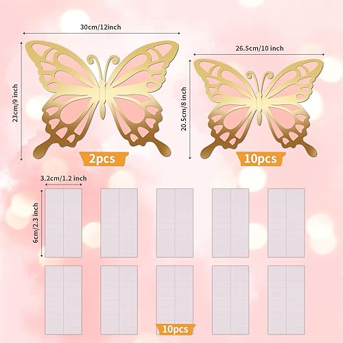 Miniatura 3 de Yordearly Paquete de 12 decoraciones de fiesta de mariposa grande, 2 capas de decoración de mariposa grande dorada y rosa, papel 3D, decoración de