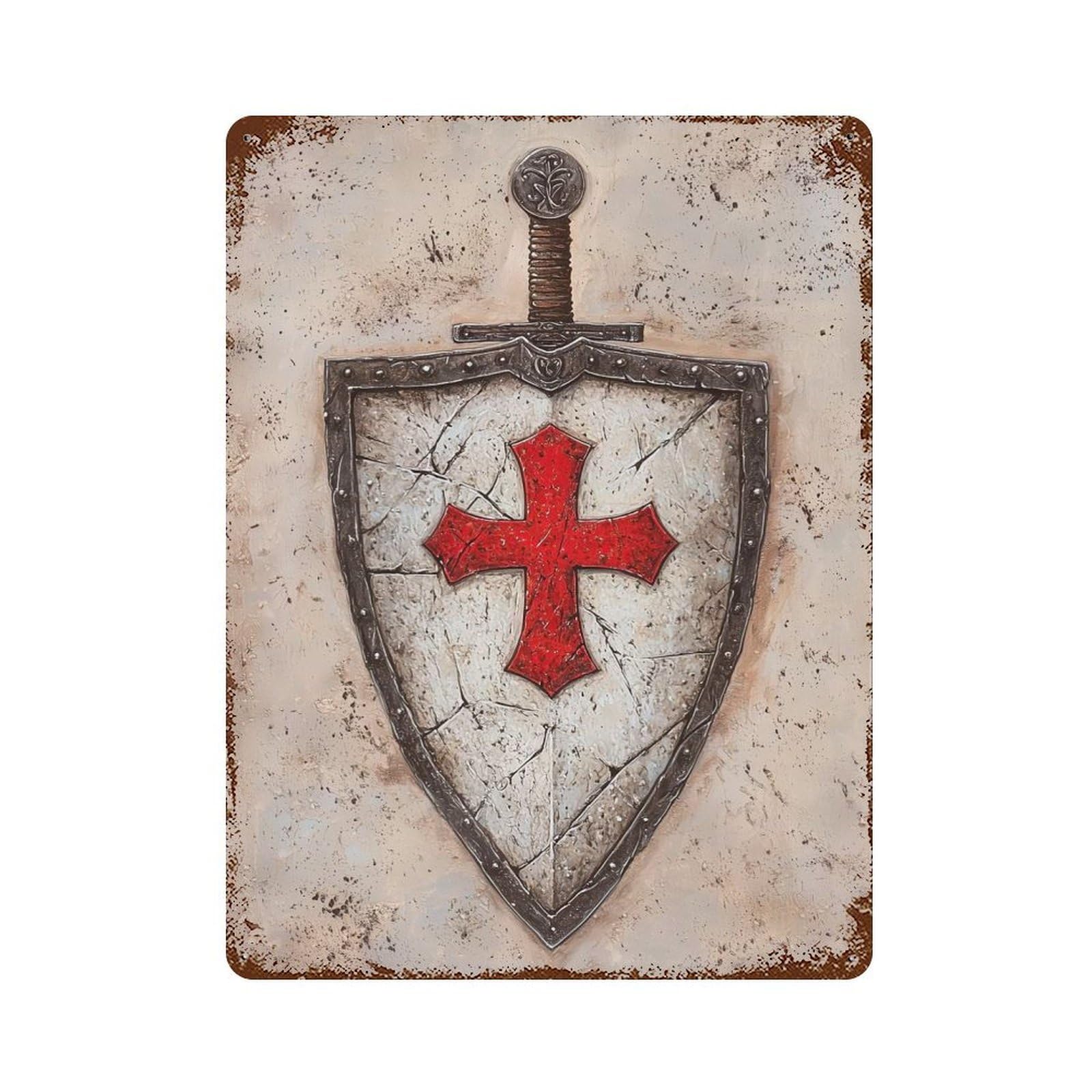 Garage Style Crusader Shield And Sword Rustic Tin Plaque 15.7"x11.8", Industrial Home Decor for Bar And Workshop