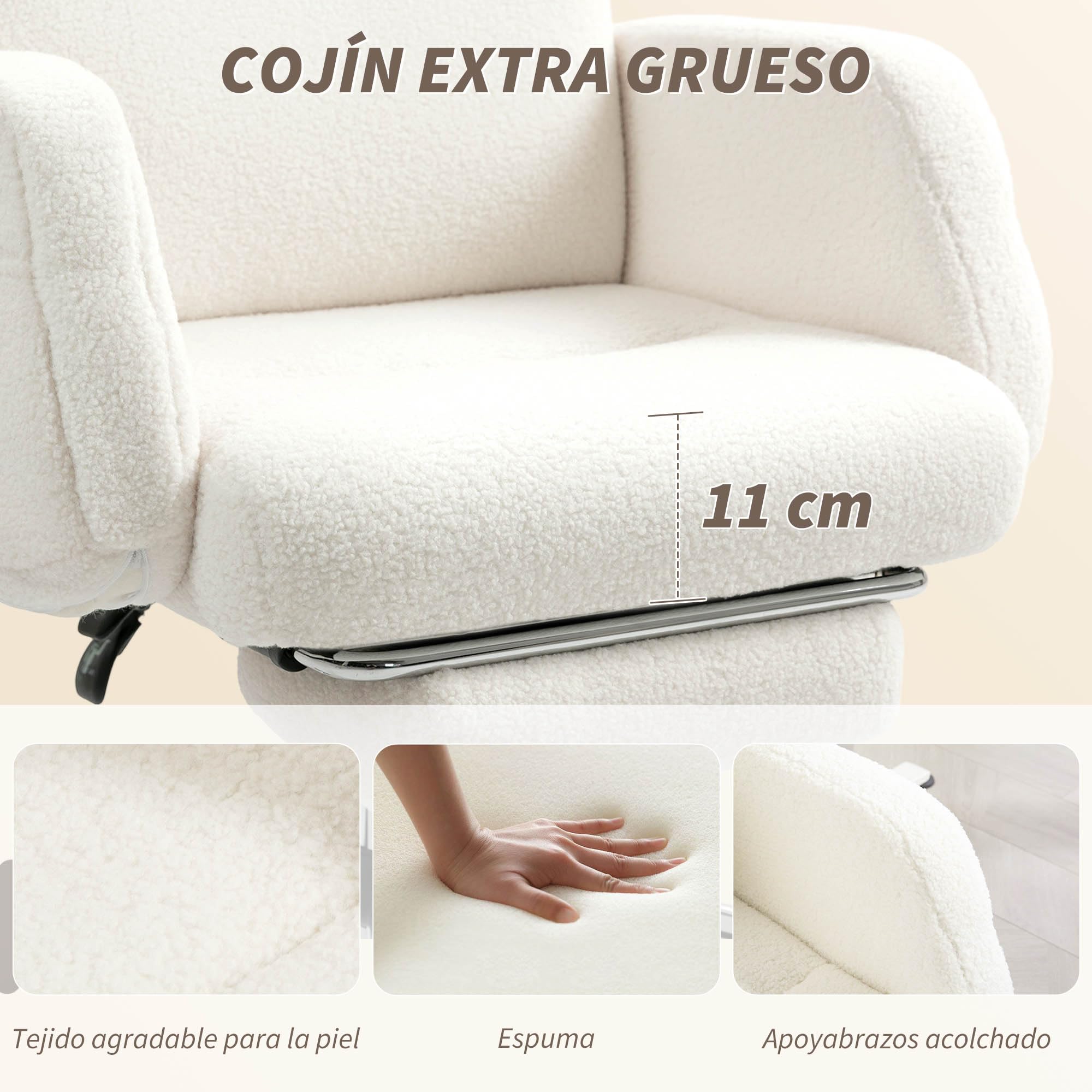 HOMCOM Silla de Escritorio con Reposapiés Silla de Oficina Borreguito Crema | Respaldo Reclinable, Reposacabezas Ajustable, Respaldo Alto, Altura Ajustable