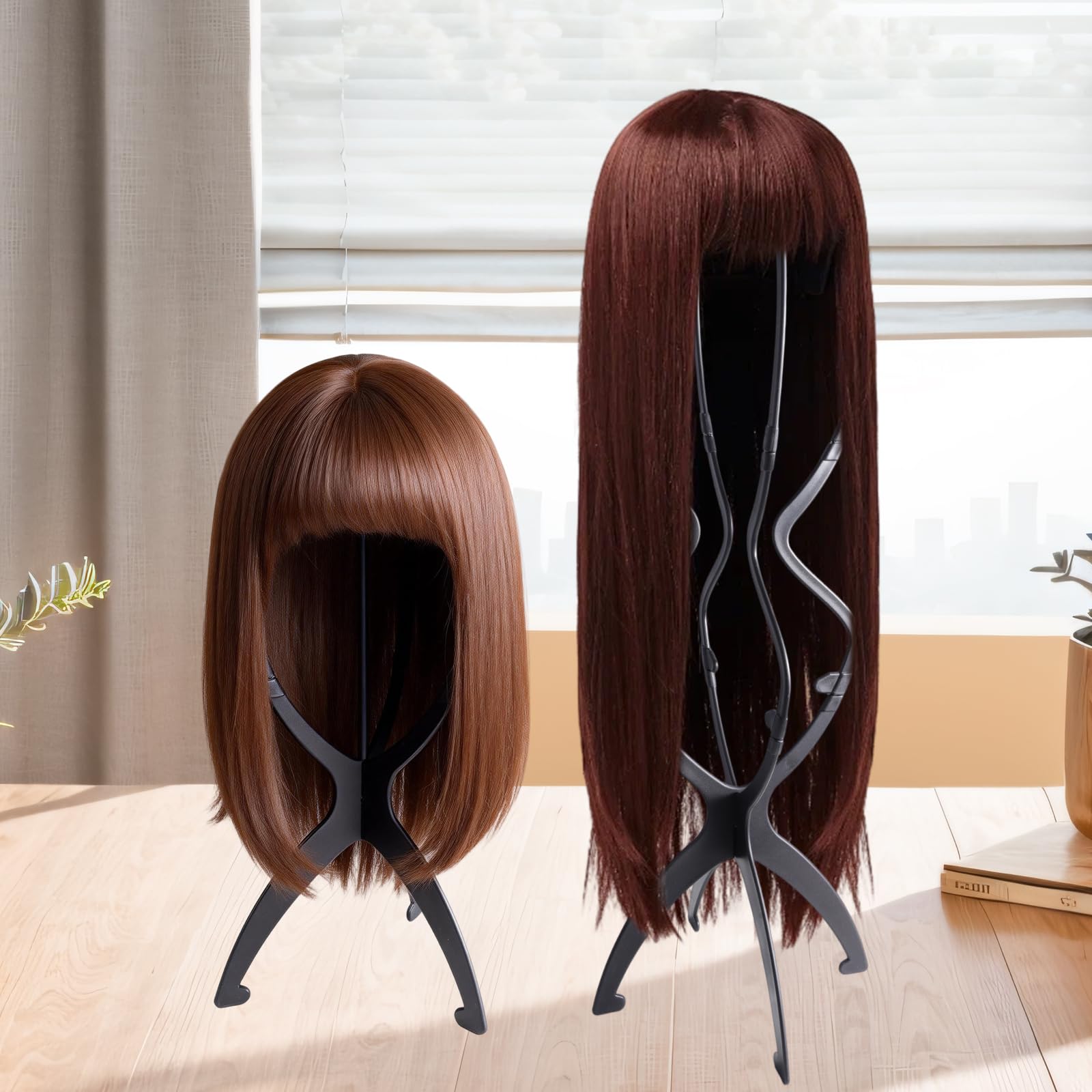 2 Piezas 50cm Soportes para Pelucas de Plástico para Exhibir y Airear Pelucas, Soporte de Peluca Portátil Plegable, Altura Ajustable de 35 a 50 cm, para Cabello Largo, Sombreros y Gorros (Negro) — view 6