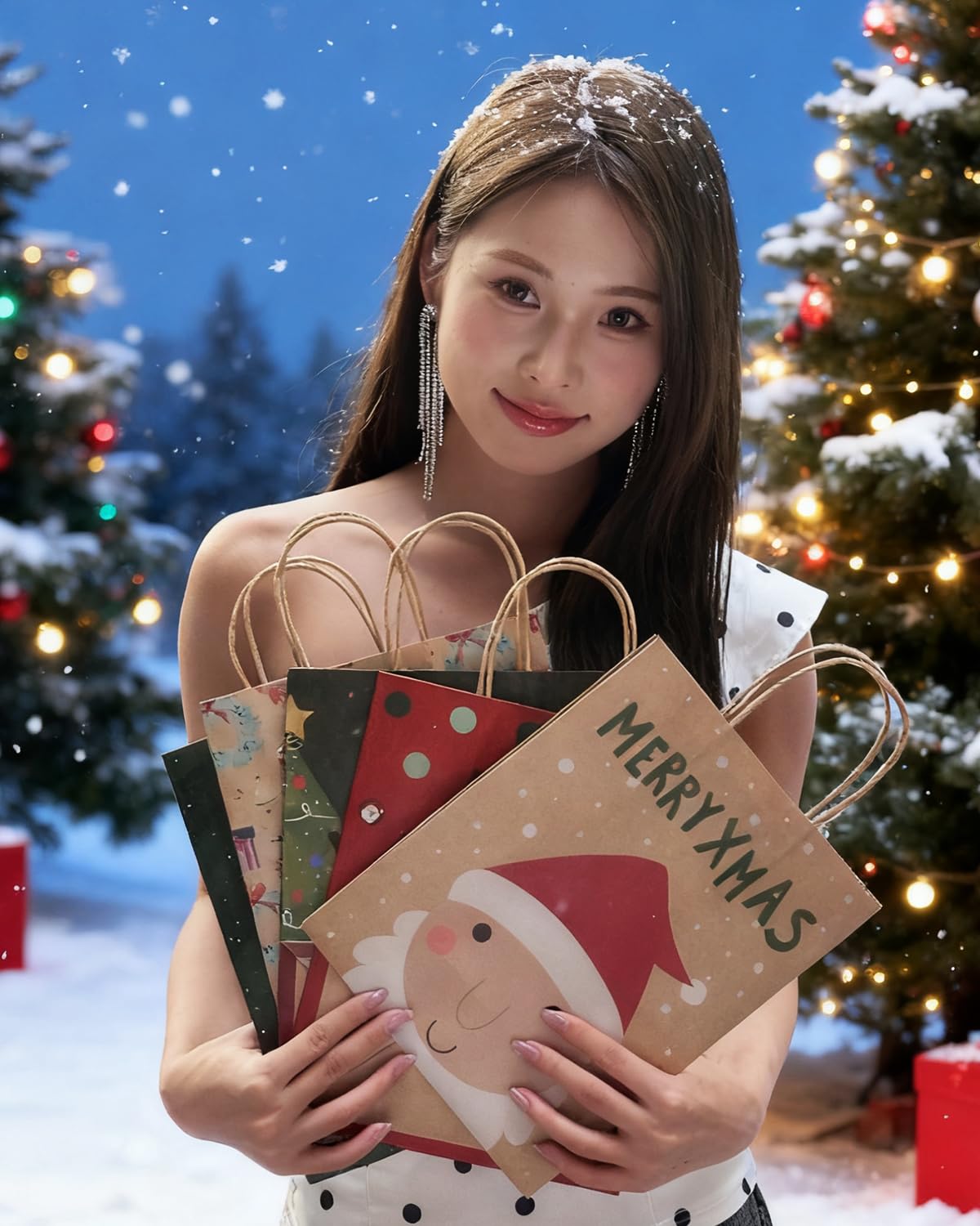 Bolthy Mid 24PCS Christmas Gift Bags 8" L × 4.25" W × 10.5" H - 12 Assorted Designs Kraft Paper Gift Bags, Eco-Friendly Durable Sac Cadeau for Holidays, Party Favors & Decorative Packaging