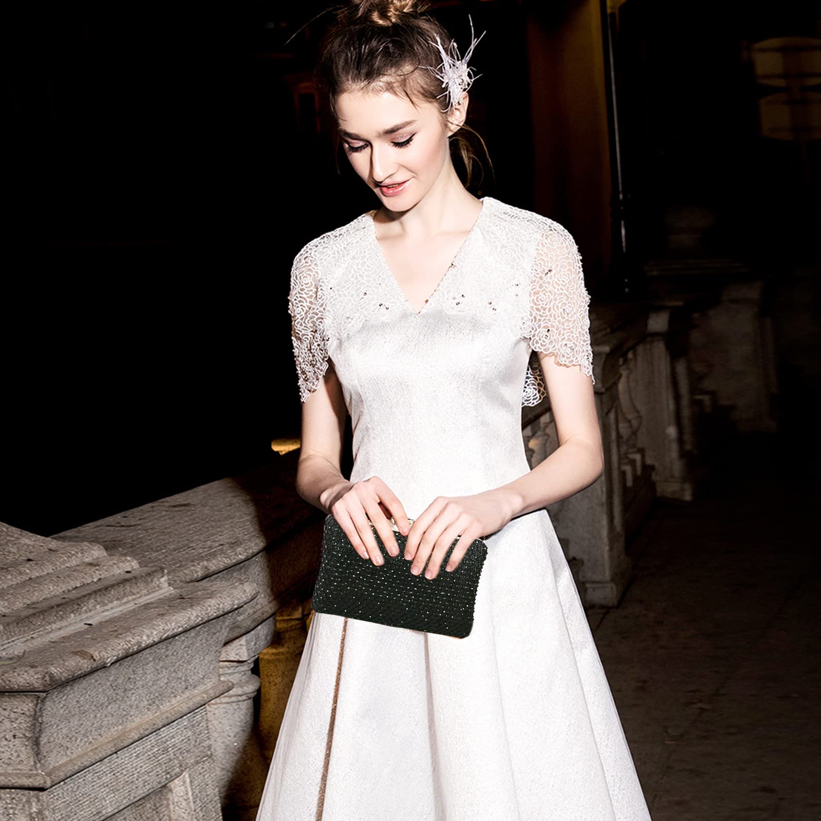 NICOLE & DORIS Damen Abendtasche Clutch Handtaschen Elegant Umhängetasche Kleine Kettentasche Glitzer Tasche für Hochzeit Party Freizeit Schwarz