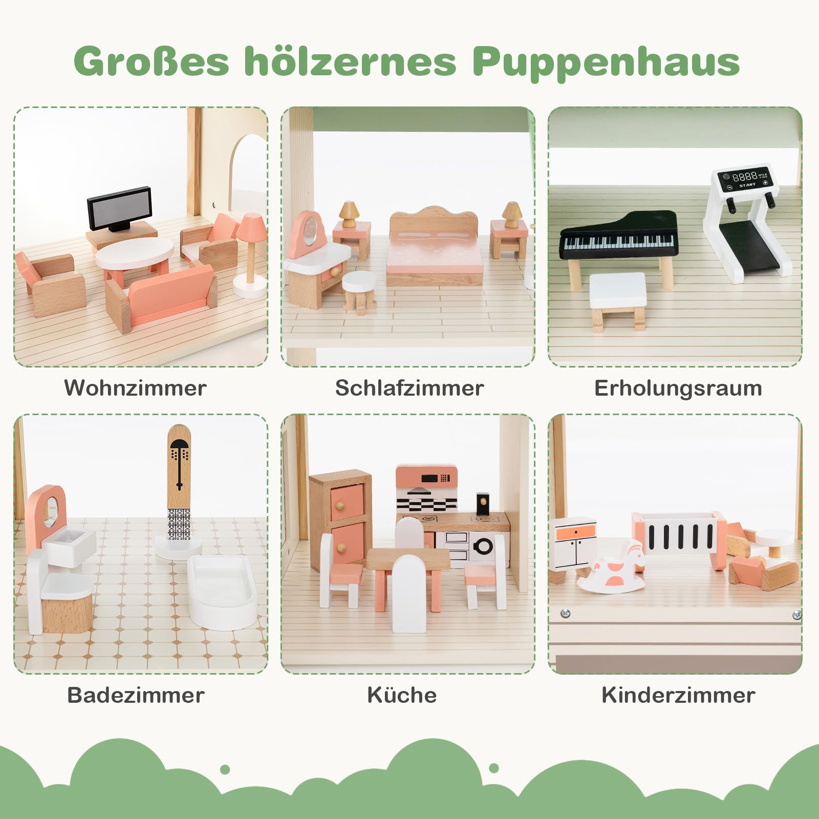 COSTWAY Puppenhaus Holz, Dollhouse 83 cm Hoch mit 36 Möbelstücken und Zubehör, Puppenvilla mit 6 Zimmern & Terrasse & Garage, Puppenstube Geschenk für Kidner ab 3 Jahren