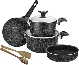 طقم أواني الطبخ من إل أمل إيليت، مصنوع من الجرانيت باللون الأسود، غير لاصق وصديق للبيئة، يتكون من 8 قطع