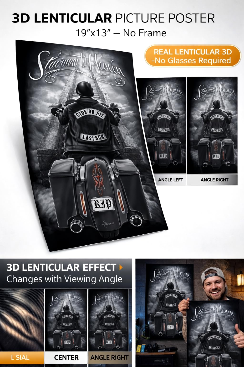 3D Lenticular Wall Art Poster | Holographic Optical Illusion Flipping Image | Gaming Room, Biker, Garage or Bar Decor | 19 x 13 Inch, Unframed (Stairway-To-Heaven) 4
