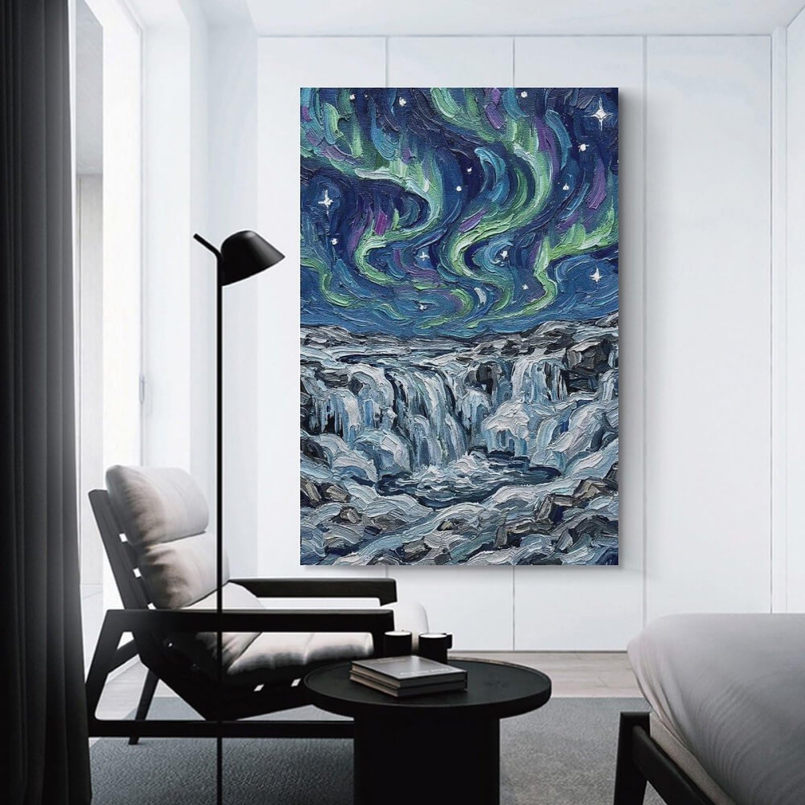 Junmoney Aurora Borealis over Waterfall Painting Wall Picture Print, 24x36inch(60x90cm), for New Home Styling, Lounge Or Bedroom, Home Artwork for Modern Interiors