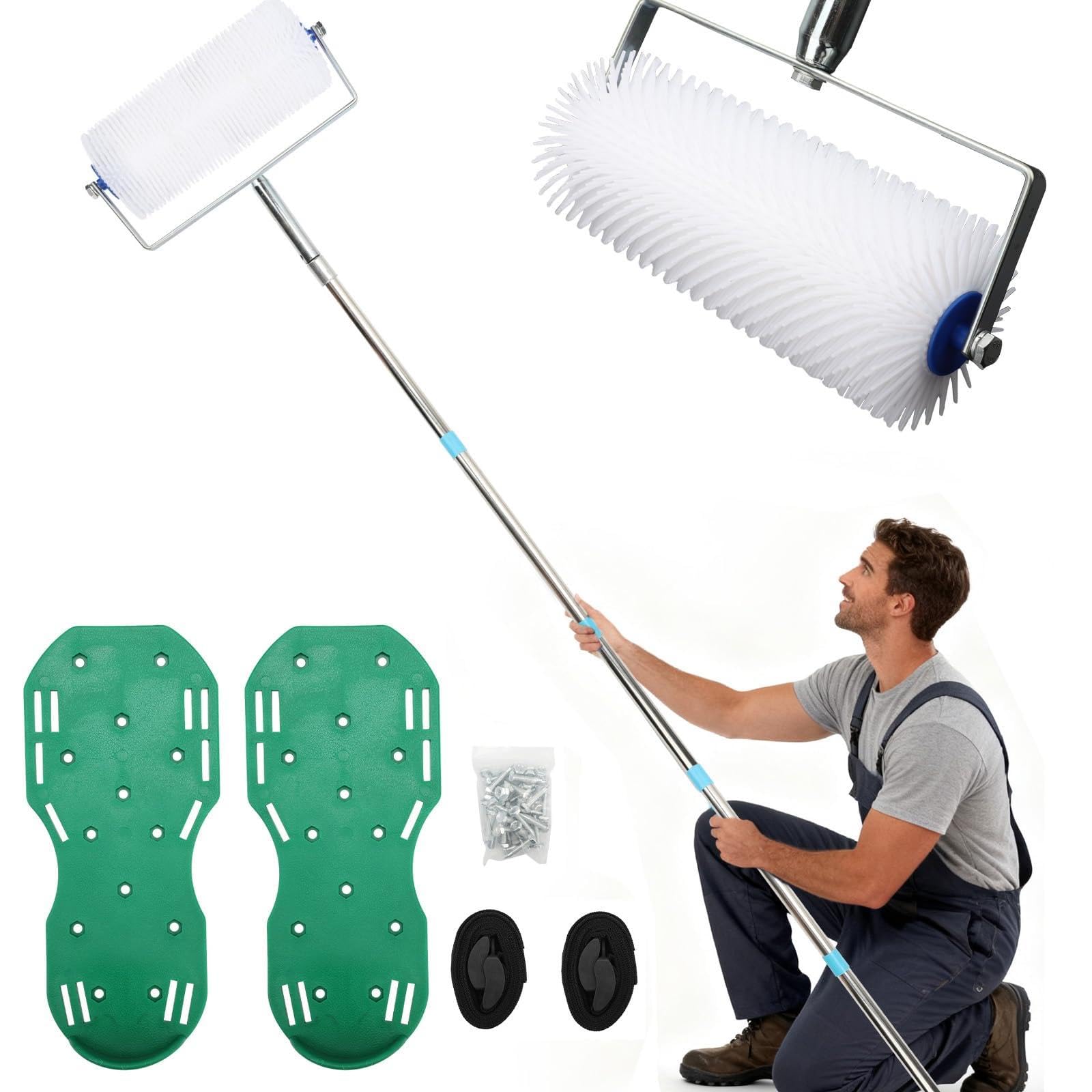 BigKing Kit d'outils pour ciment auto-nivelant, rouleau à bulles en poils en polyester de 9 in, tige télescopique de 77 in, chaussures clouées, pour composés auto-nivelants et revêtements époxy