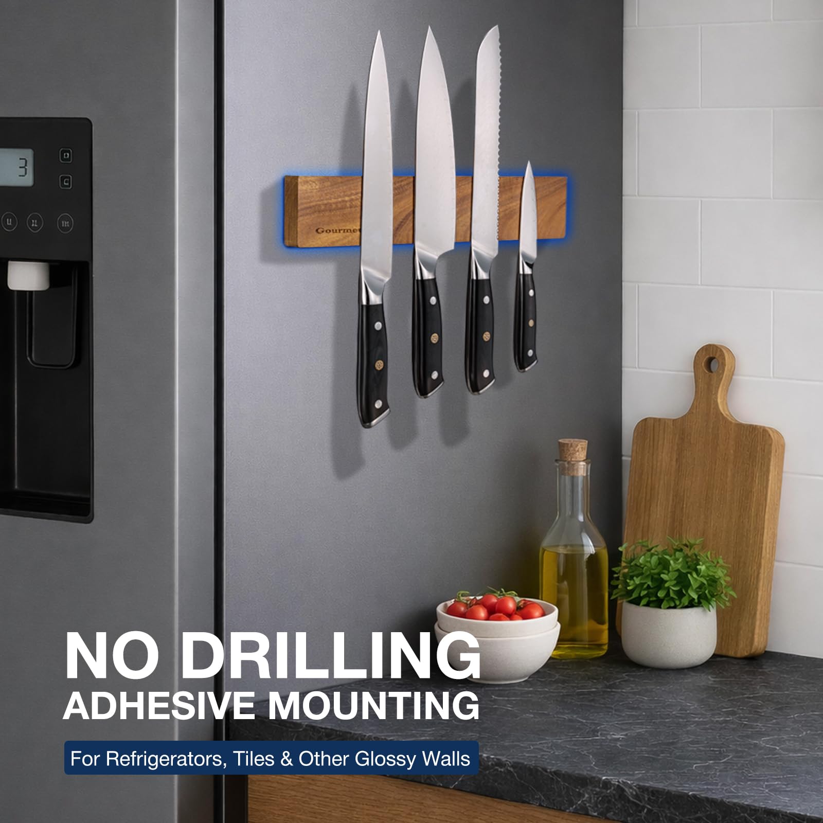 Gourmetop Supporto Magnetico per Coltelli da Parete 30 cm, Striscia Magnetica per Coltelli Senza Foratura, Portacoltelli Magnetico in Legno di Acacia per Frigorifero, Potente Magnete per Coltelli e Po