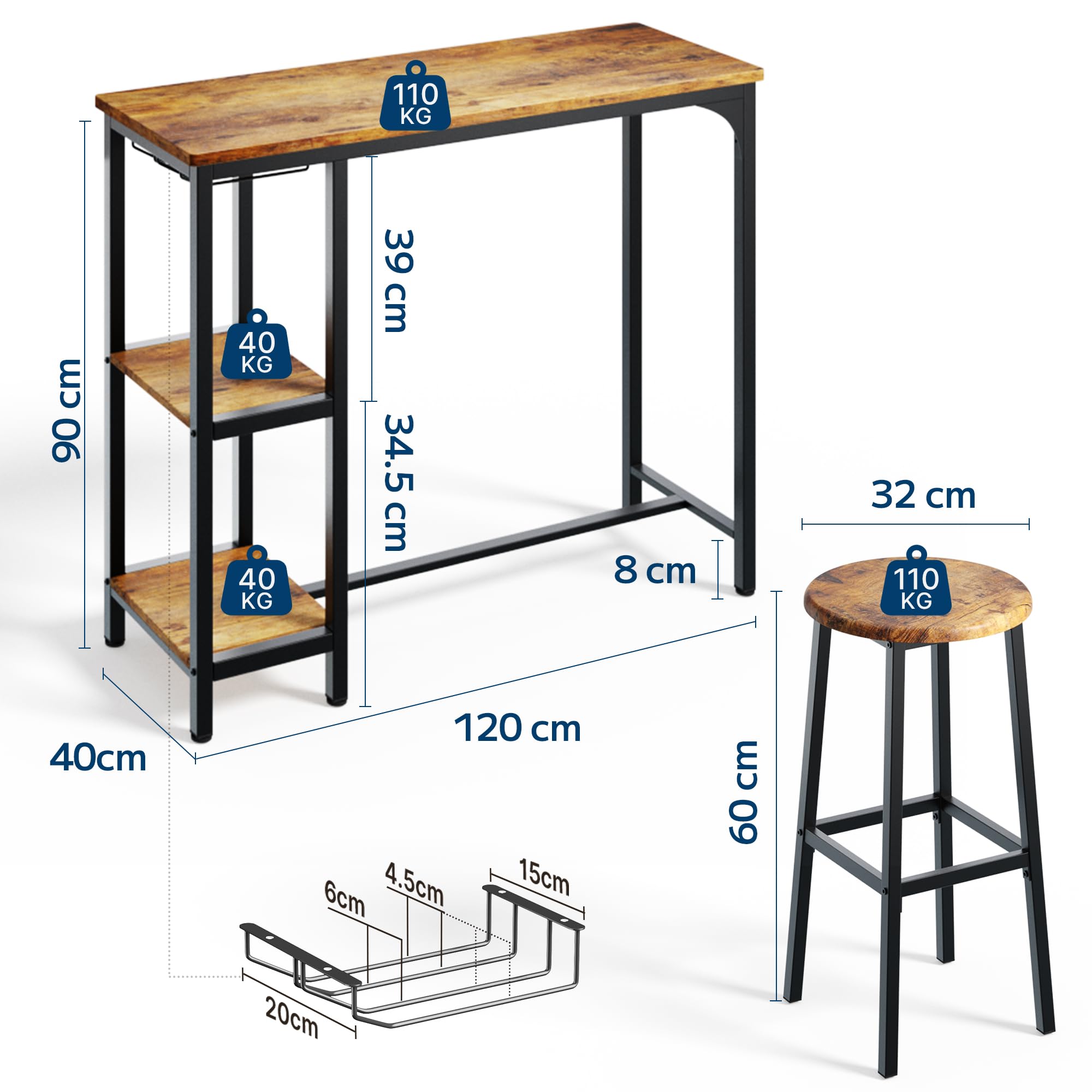 Set de Bar, Set de Bar 3 pièces avec 2 tabourets de Bar, Table de Bar pour Cuisine avec 2 étagères et Porte-Verres, Table de pub Multifonction pour Salon et Salle à Manger (Rétro)