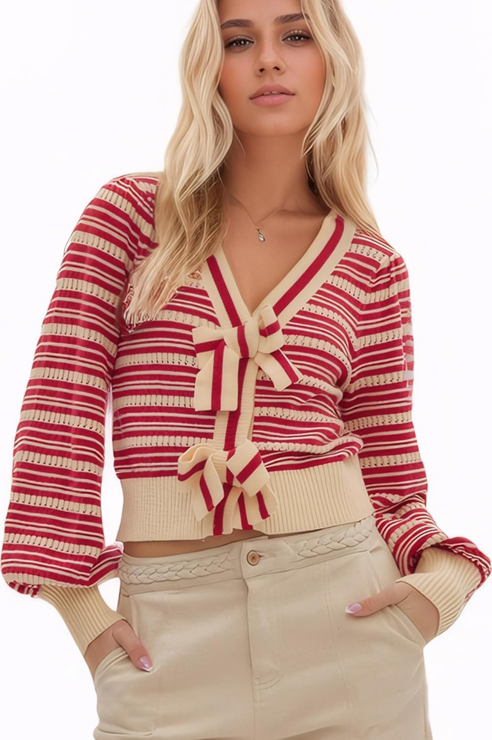 D-Sun Women Stripe Bow Sweater V-Neck Long Sleeves Elegant Cardigan Snaped Knit Ribbed Y2K Open Front Tops - Image 5