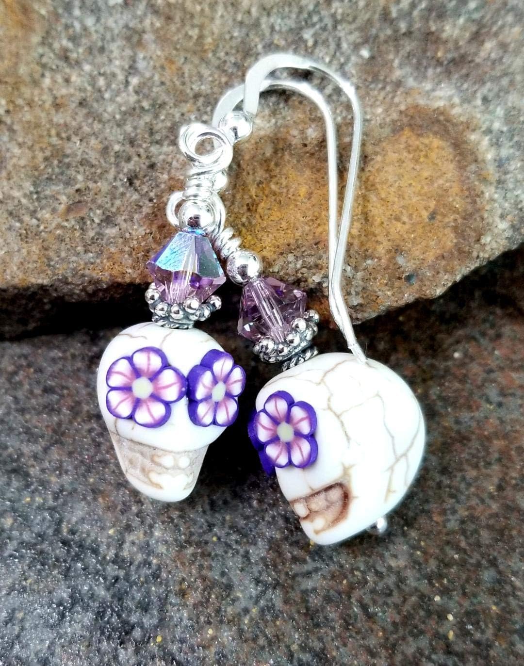 Sugar Skull Halloween Earrings Sterling Silver White with Violet Flower Eyes