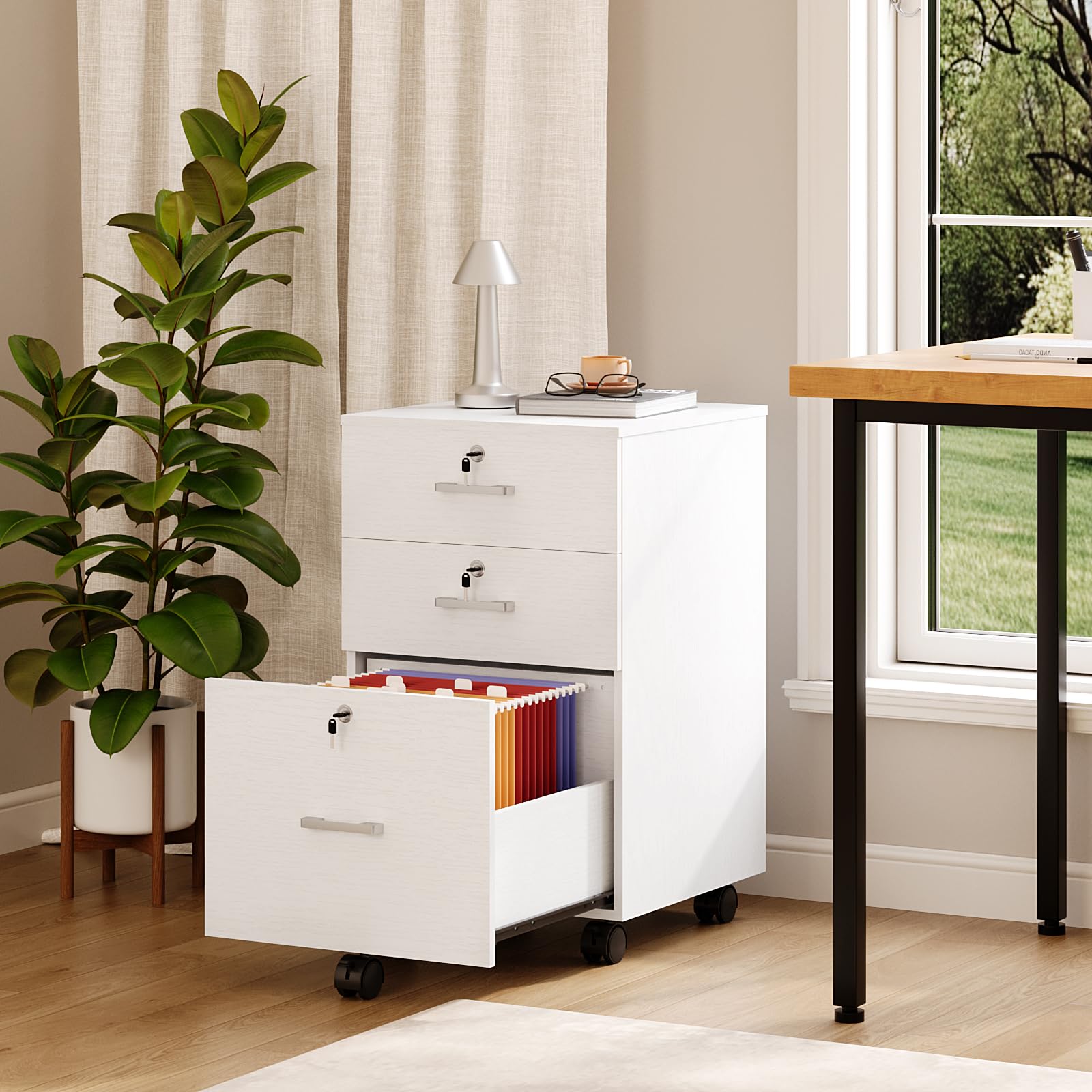 Bonnlo mobiler Aktenschrank 3 Schubladen für Büro, Homeoffice, weiß | Aktenschrank mit Rollen, mobiler Rollcontainer, abschließbarer Büroschrank, Schubladenschrank für A4- und Letter-Formate