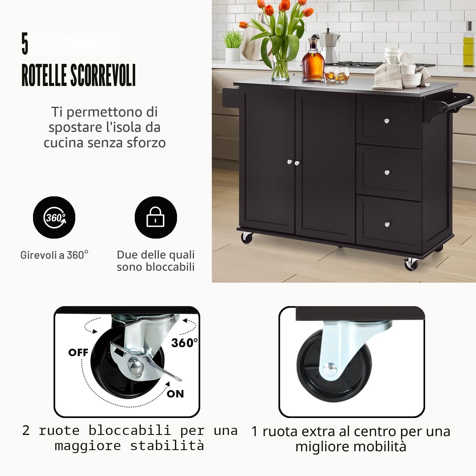 KOMFOTTEU Isola da Cucina Mobile con Piano di Lavoro in Acciaio Inox, Carrello da Cucina con 3 Cassetti & Porta Asciugamani & Ripiano Regolabile, Armadio da Cucina su Ruote, Carrello da Cucina 135 x