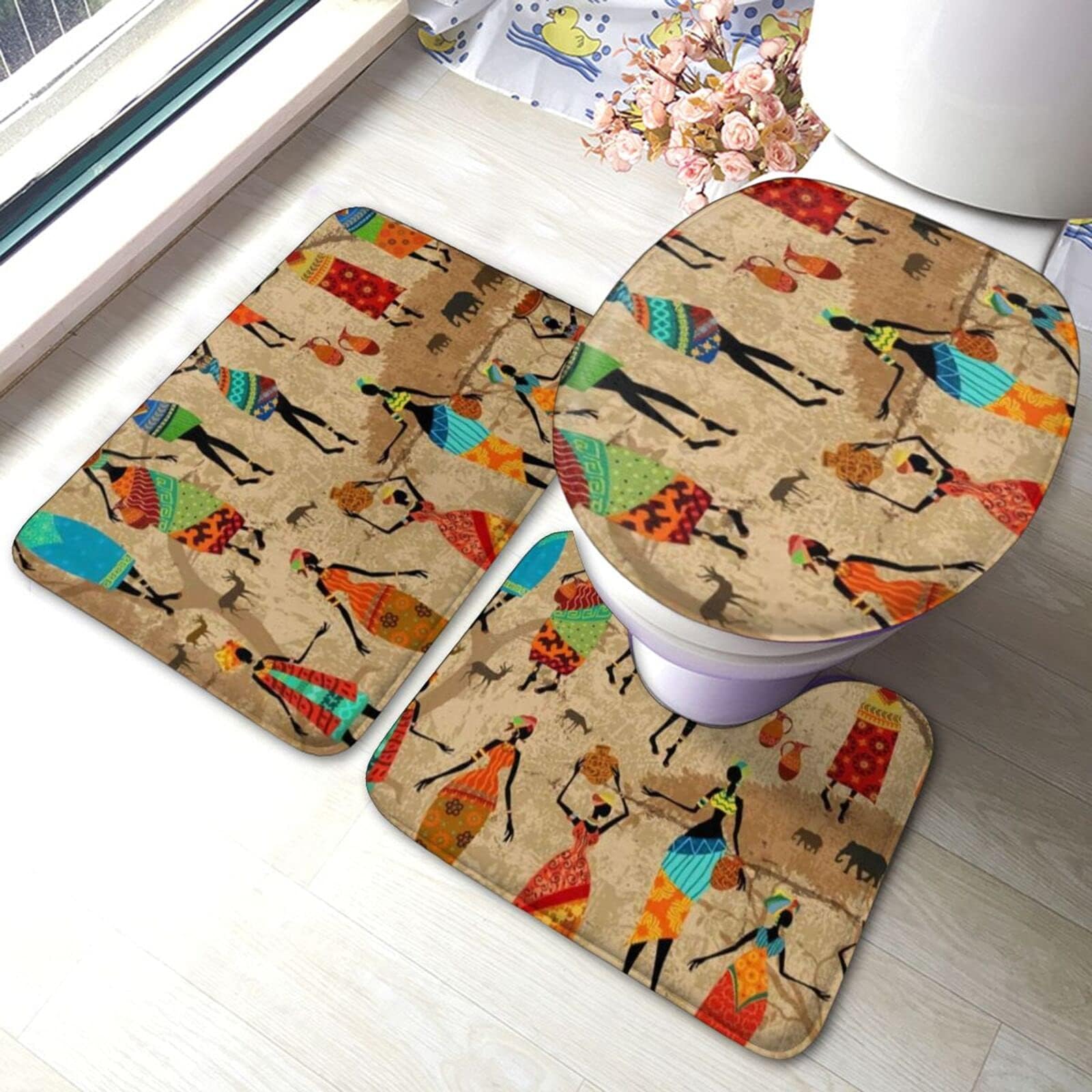 Vintage Background with Beautiful African Women Bathroom Rugs and Mats Sets 3 Piece,U Shaped Non Slip, Absorbent Microfiber Memory Foam Washable Bath Mat
