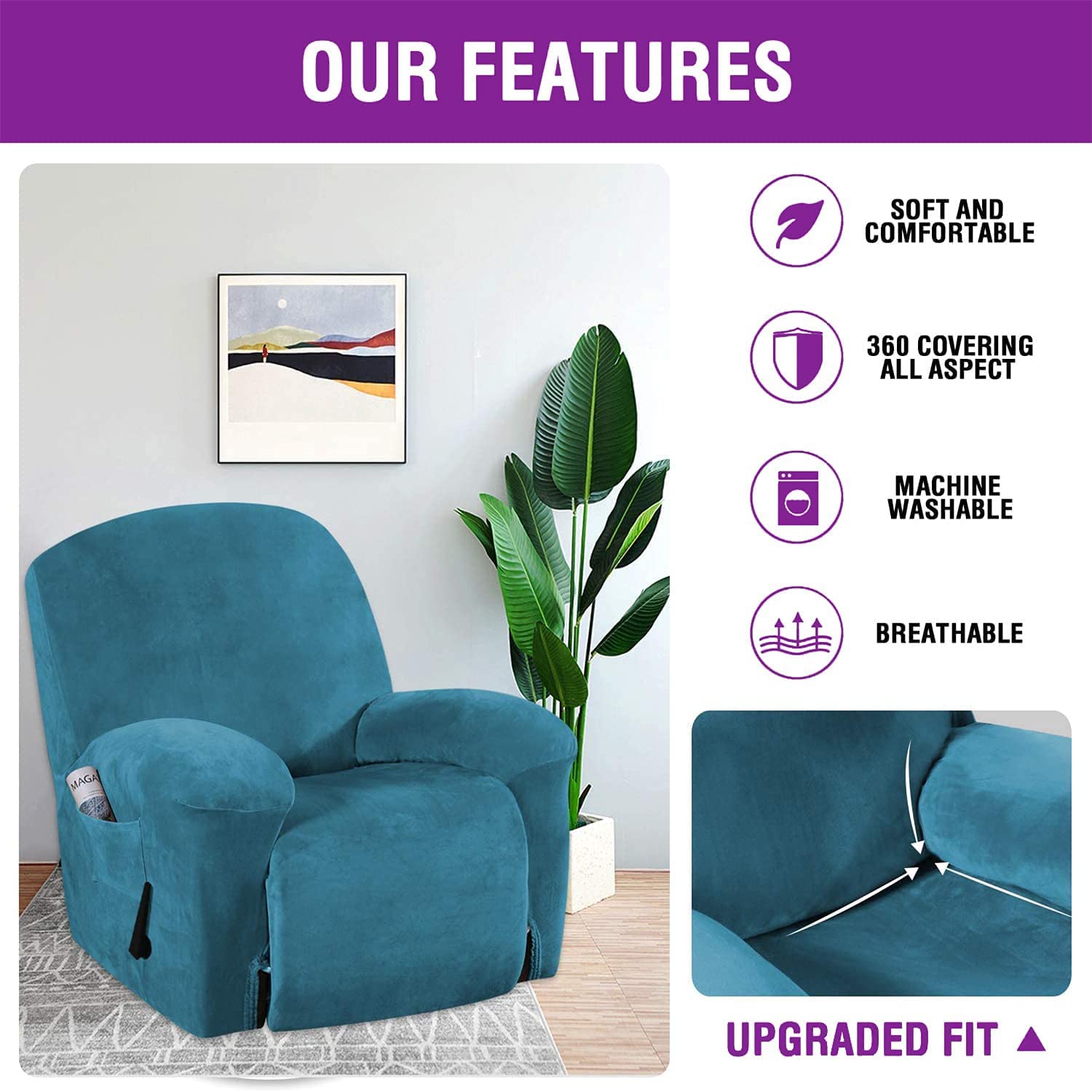 Fundas Reclinables de Terciopelo Funda de Sofá Reclinable Elástica Fundas Reclinables para Sillas Supersuave Funda de Sillón Lavable Antideslizante con Bolsillo Lateral para Sala de Estar