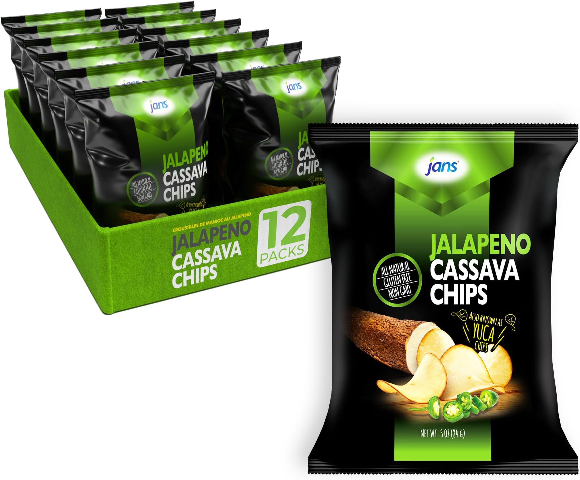 Jans Root Chips (3 oz - Pack of 12, Jalapeno Cassava Chips)
