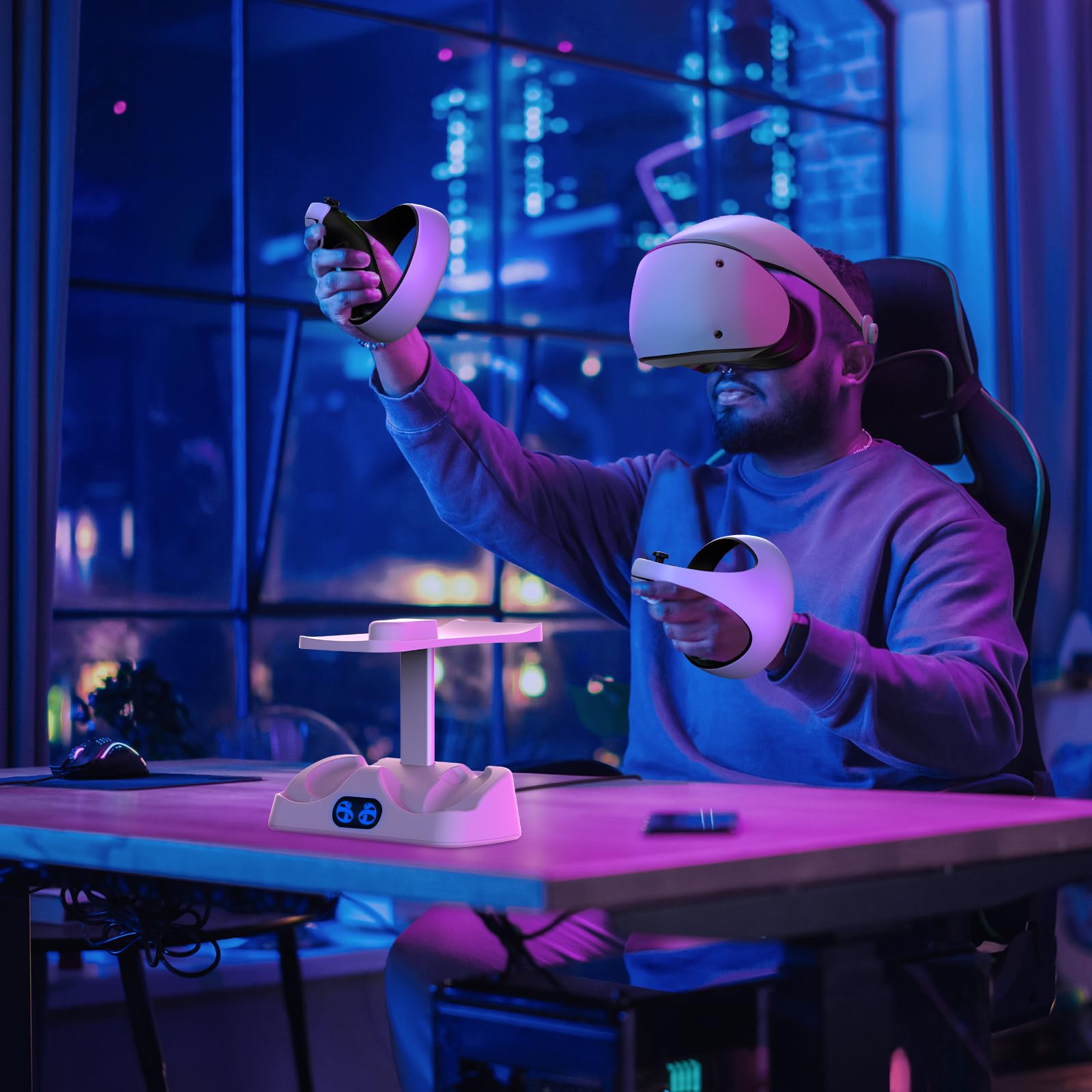 NexiGo Station de Recharge pour Manettes pour PSVR2, Double Socle de Recharge Rapide avec Lumière LED, Support d'affichage pour Casque et Fixation pour manettes, connecteur magnétique, Blanc