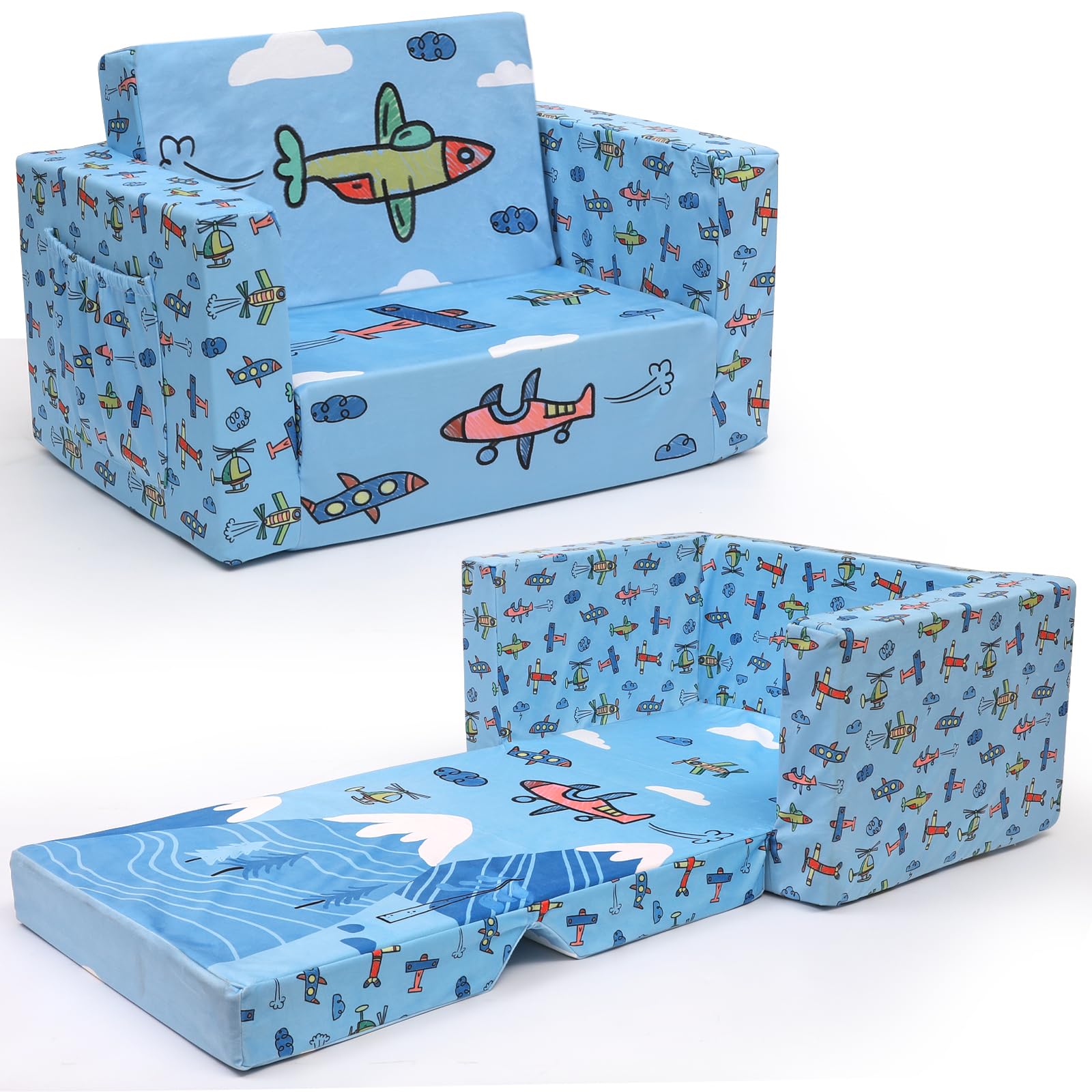 ACRABROS Kids Couch: Toddler Sofa Bed Fold Out for Gilrs Boys Baby Flip Out Convertible Lounge Chair Airplane