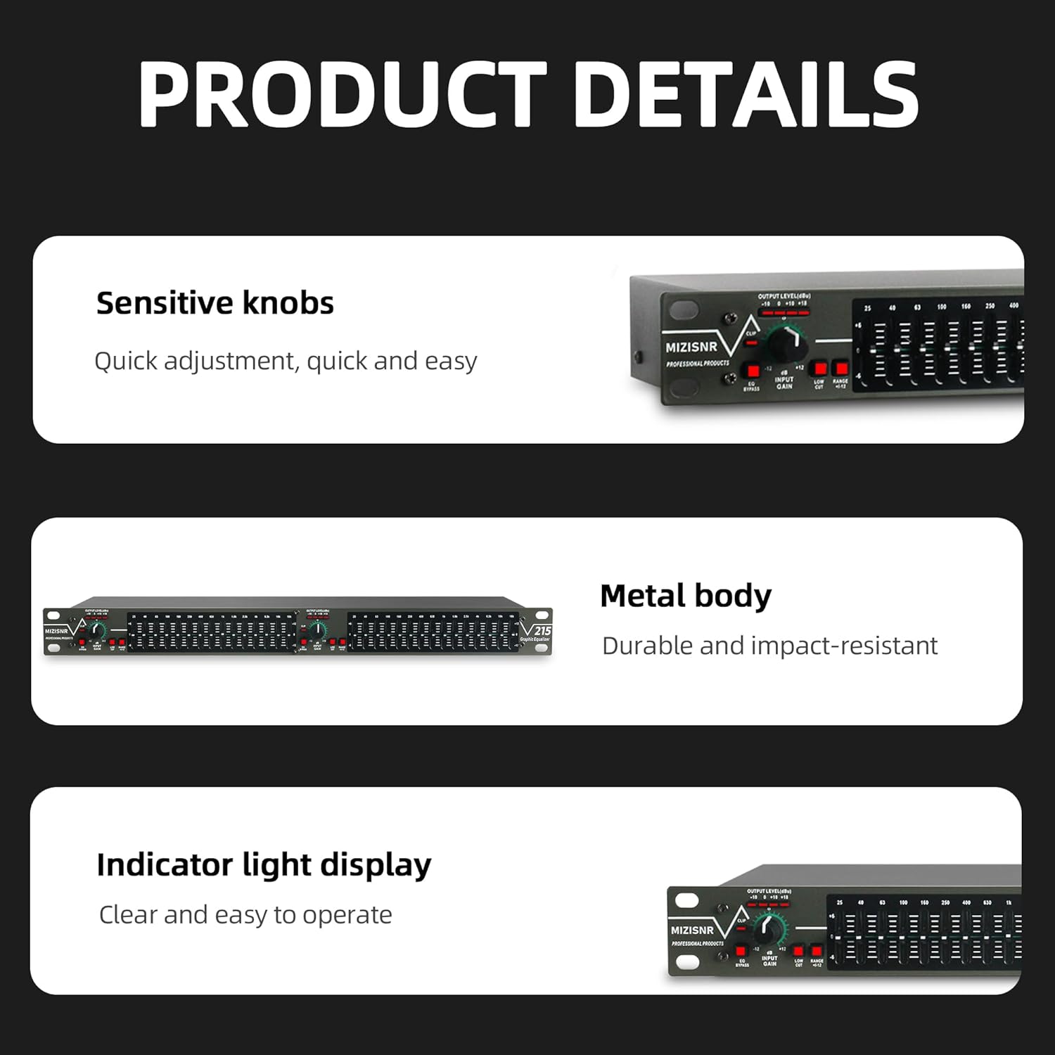 Graphic Equalizer 15-Band Stereo EQ for Home Audio, Dual Channel Professional DJ Equalizer, Noise Reduction 1U Rack Mount (EQ-215)