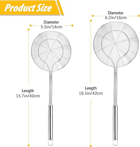 Miniatura 3 de Paquete de 2 coladores grandes de araña, cesta de desnatador de acero inoxidable, coladores de cucharón de cocina, cucharas de malla con mango