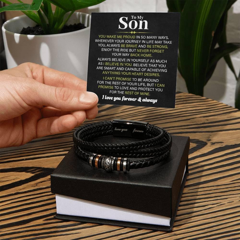 To My Son Bracelet – Stainless Steel & Braided Leather Inspirational Jewelry Birthday Gift With Message Card and Box. - Image 2