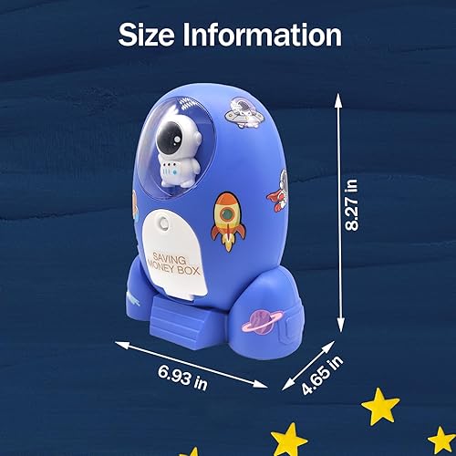 Miniatura 5 de Trez Treamer Alcancía para niños, cohete azul con calcomanía de astronauta, caja fuerte para ahorrar dinero en efectivo, banco de monedas irrompible