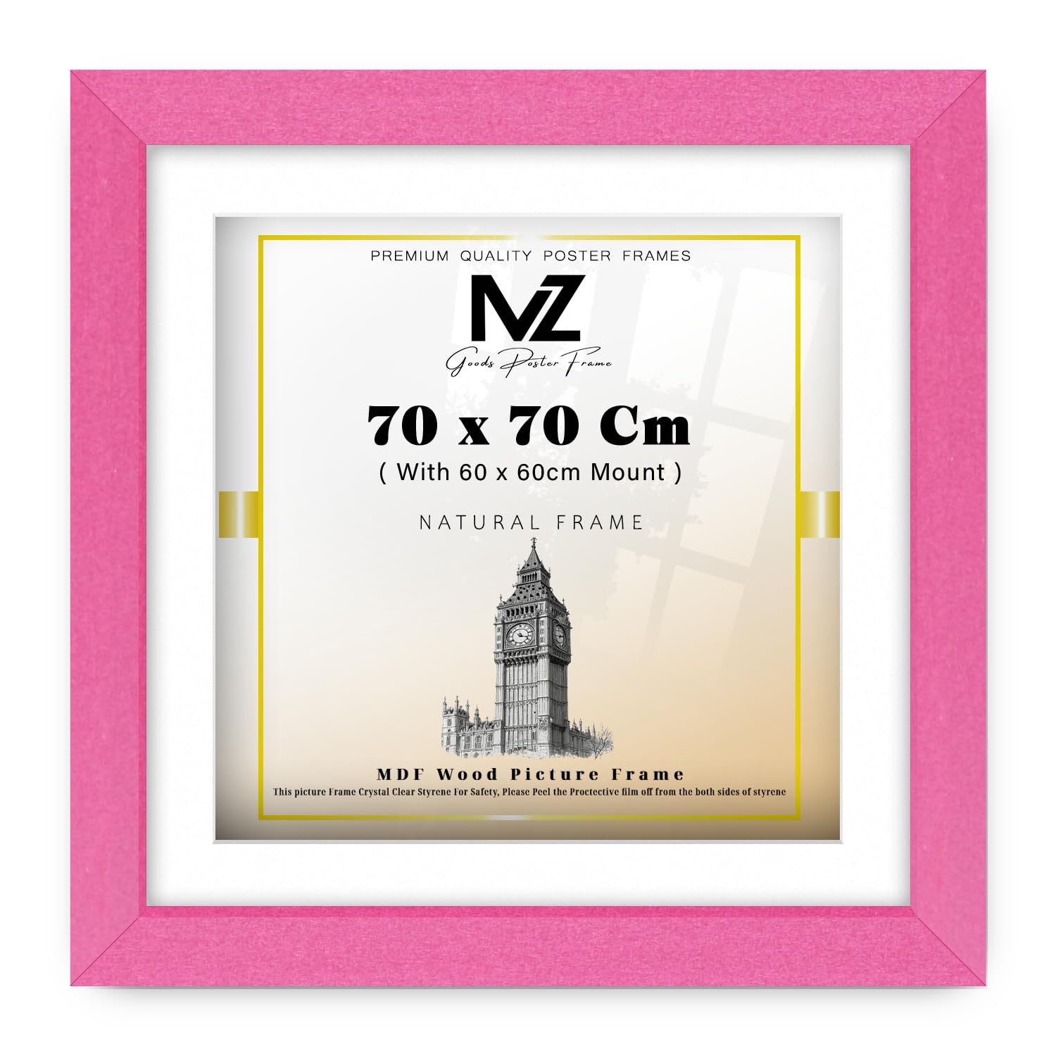MZ GOODS | MDF Stylish Home & Office Frame (60 x 60 Cm) with 50 x 50 Cm White Mount Wall Mounted | 24 Inch x 24 Inch Artwork, Award, Photo, Modern Décor Frame [ Pink ]