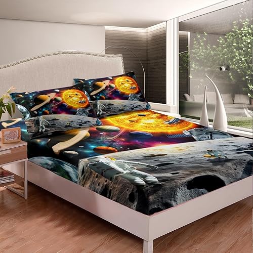 Miniatura 2 de Juego de sábanas bajeras de planeta Tierra con sistema solar para niños, tamaño matrimonial, juego de sábanas de universo, astronauta del zodiaco,