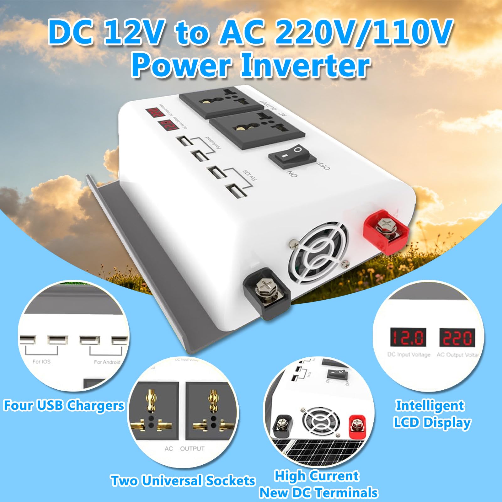 Inversor 12v para 220v Inversor Coche 300W con 4 Puertos USB 2 Tomas AC Soporte para Teléfono Adaptador de Coche Onda Sinusoidal Modificada para Viajes 12V-220V