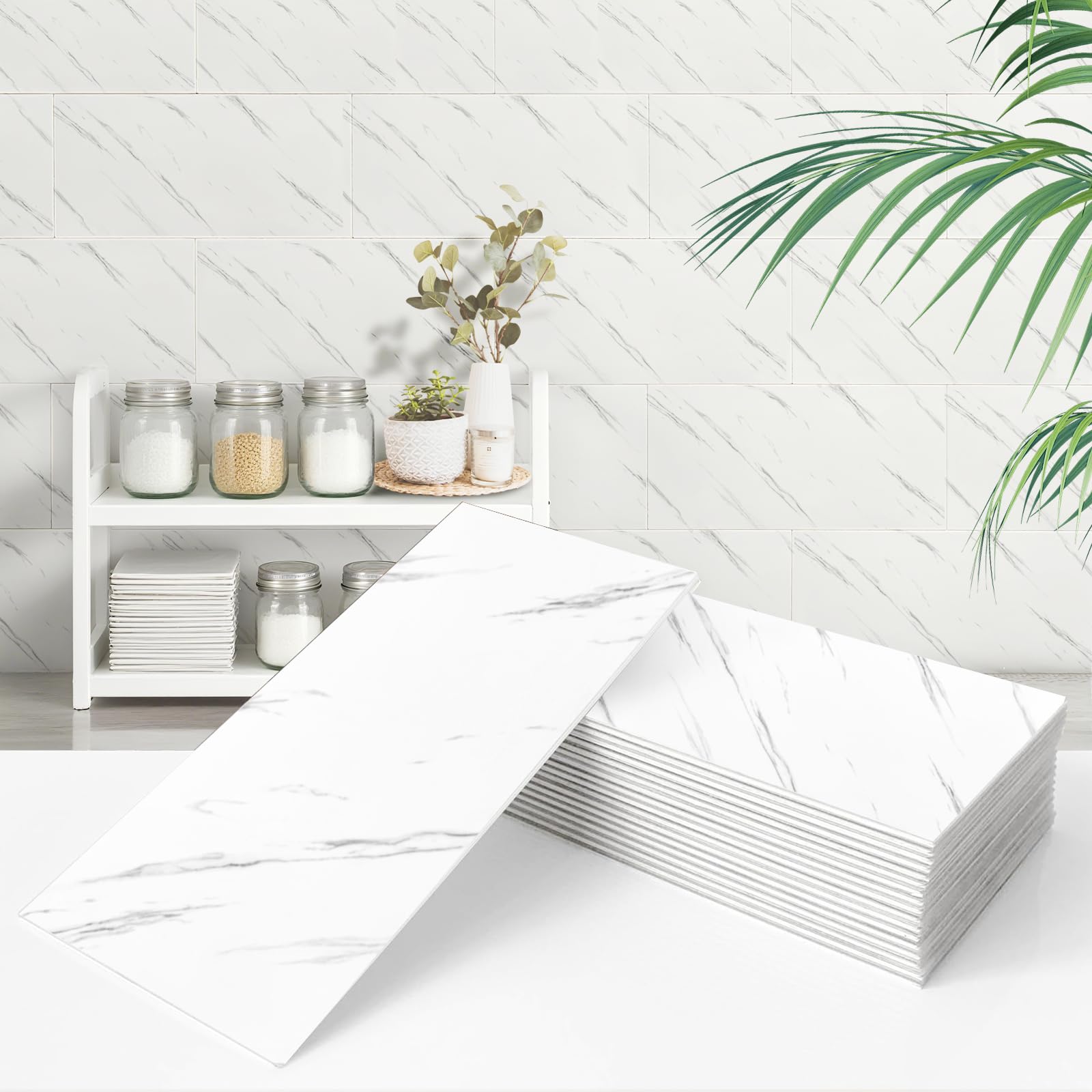 DriveMax 10pcs 60x30cm Self Adhesive White Marble Wall Tiles Waterproof Oil-Proof Peel and Stick Tiles for Bathroom Floor Kitchen Splashback Shower Ceiling Decor