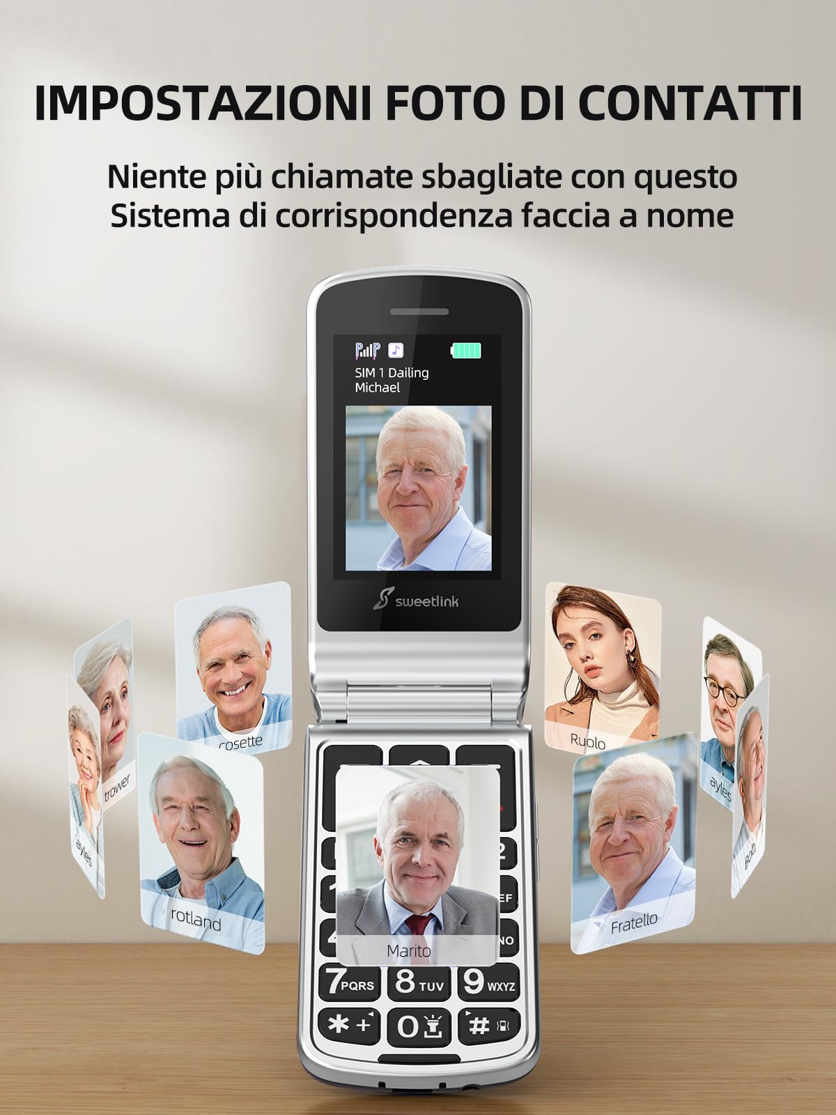 SweetLink Telefono Cellulare per Anziani con Tasti Grandi, GSM Flip Telefoni Cellulari per Anziani, Volume Alto, Funzione SOS, 2.4" Display, Contatti con Immagini, Incompatibile con iliad, Nero