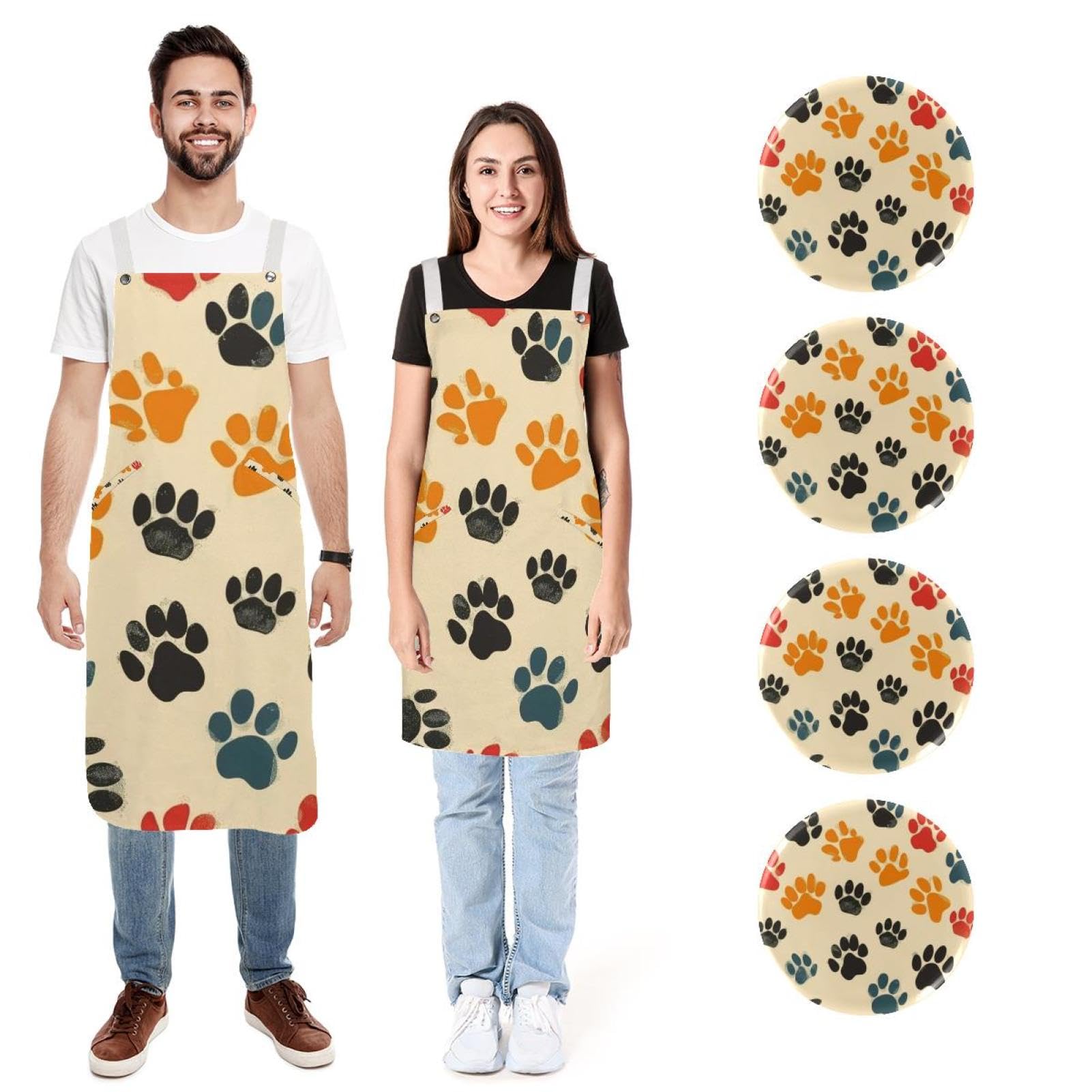 Lot de 2 tabliers de cuisine avec badge rond, couleur patte de chien Corgi résistant à l'eau avec 2 poches, tabliers de cuisine pour homme et femme, Patte de chien Color Corgi,