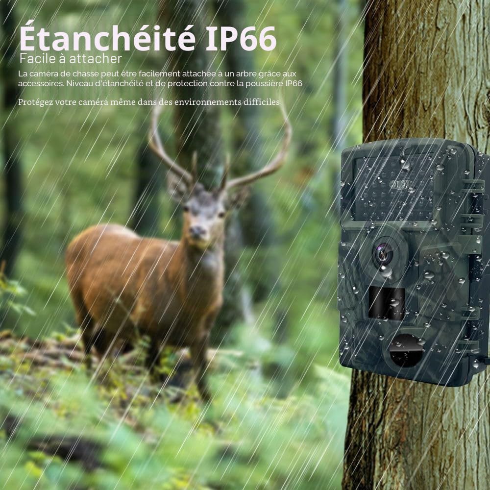 Caméra de Chasse Wi-Fi 4K 60MP HD avec Vision Nocturne - Captures incroyables des animaux sauvages - Connexion Mobile sans fil - Étanche IP66